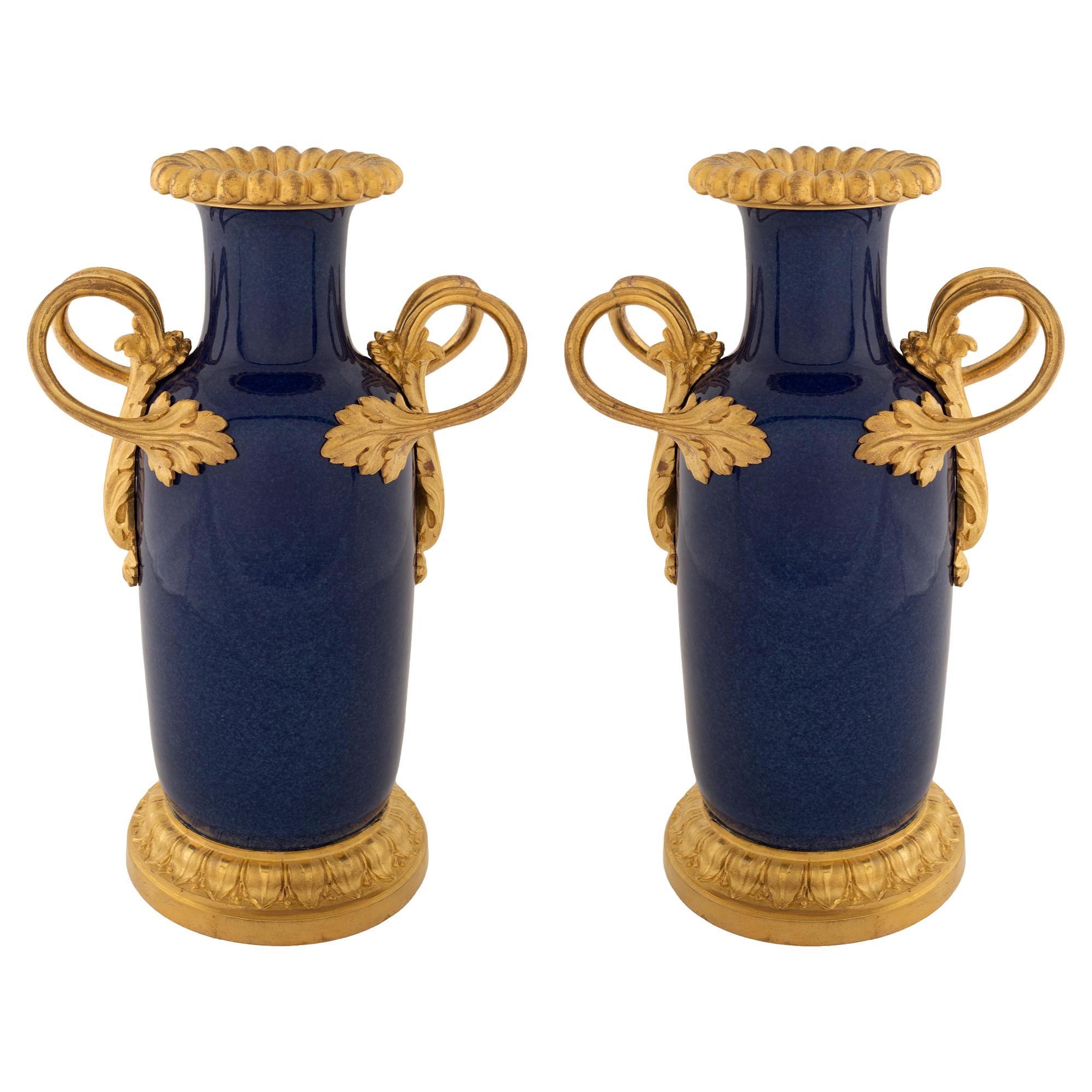 Pair of French Louis XVI St. 19th Century Cobalt Blue and Ormolu Mounted Vases