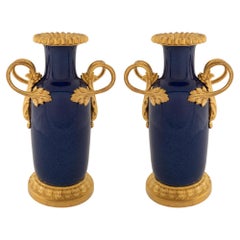 Antique Pair of French Louis XVI St. 19th Century Cobalt Blue and Ormolu Mounted Vases