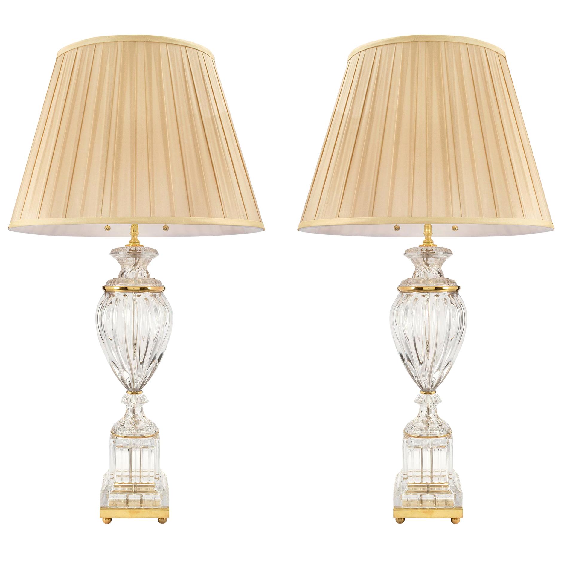 Pair of French Louis XVI Style Bacarrat Style Crystal and Ormolu Lamps