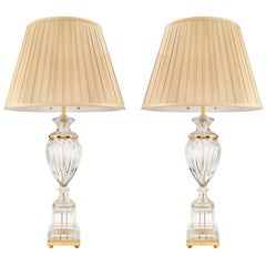 Pair of French Louis XVI Style Bacarrat Style Crystal and Ormolu Lamps