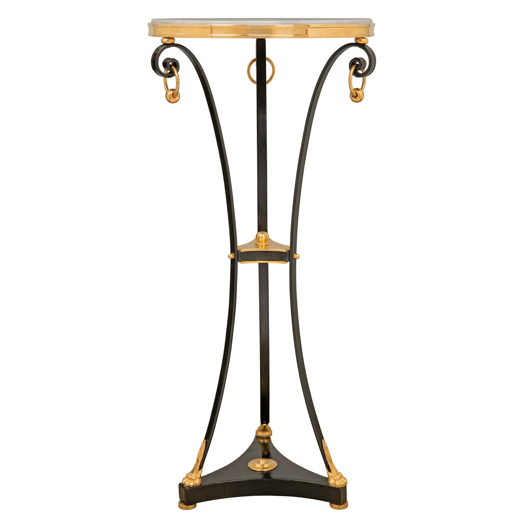 Patinated Pair of French Louis XVI Style Bronze, Ormolu and Marble Gueridon Side Tables