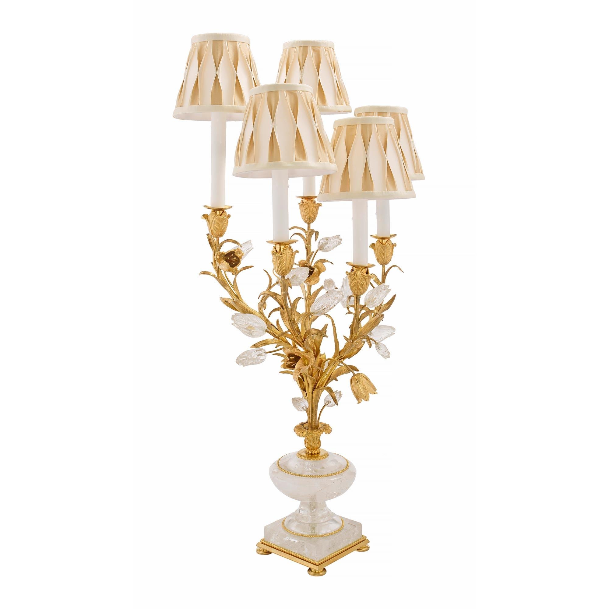 Pair of French Louis XVI St. Rock Crystal and Ormolu Candelabra Lamps In Good Condition In West Palm Beach, FL