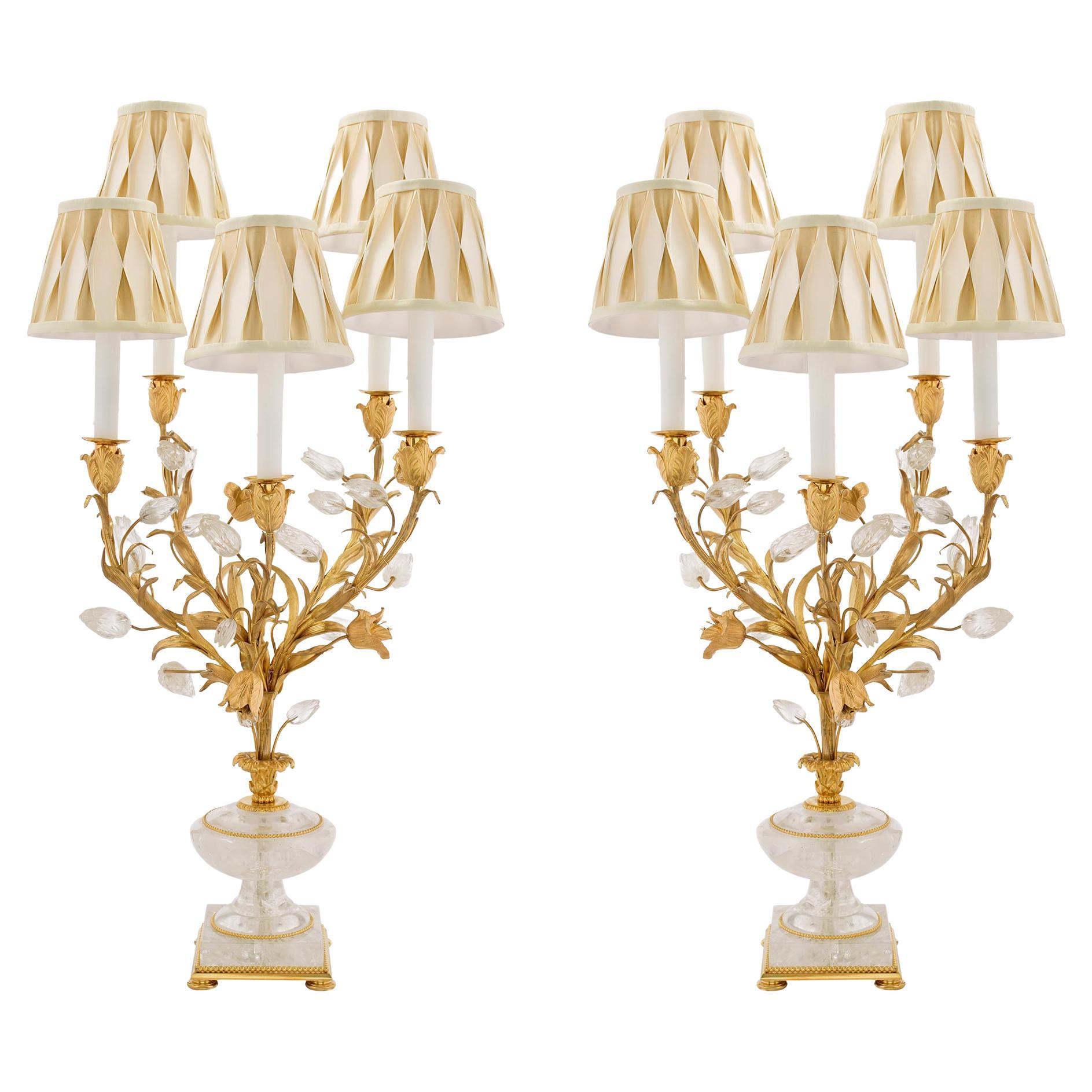 Pair of French Louis XVI St. Rock Crystal and Ormolu Candelabra Lamps