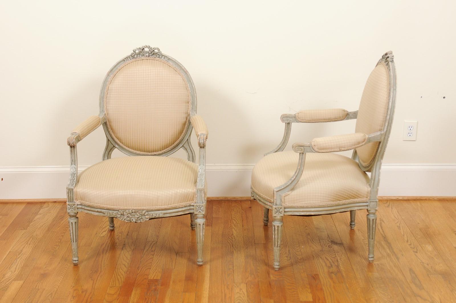Pair of French Louis XVI Style 1850s Oval Back Armchairs with Carved Ribbons 9