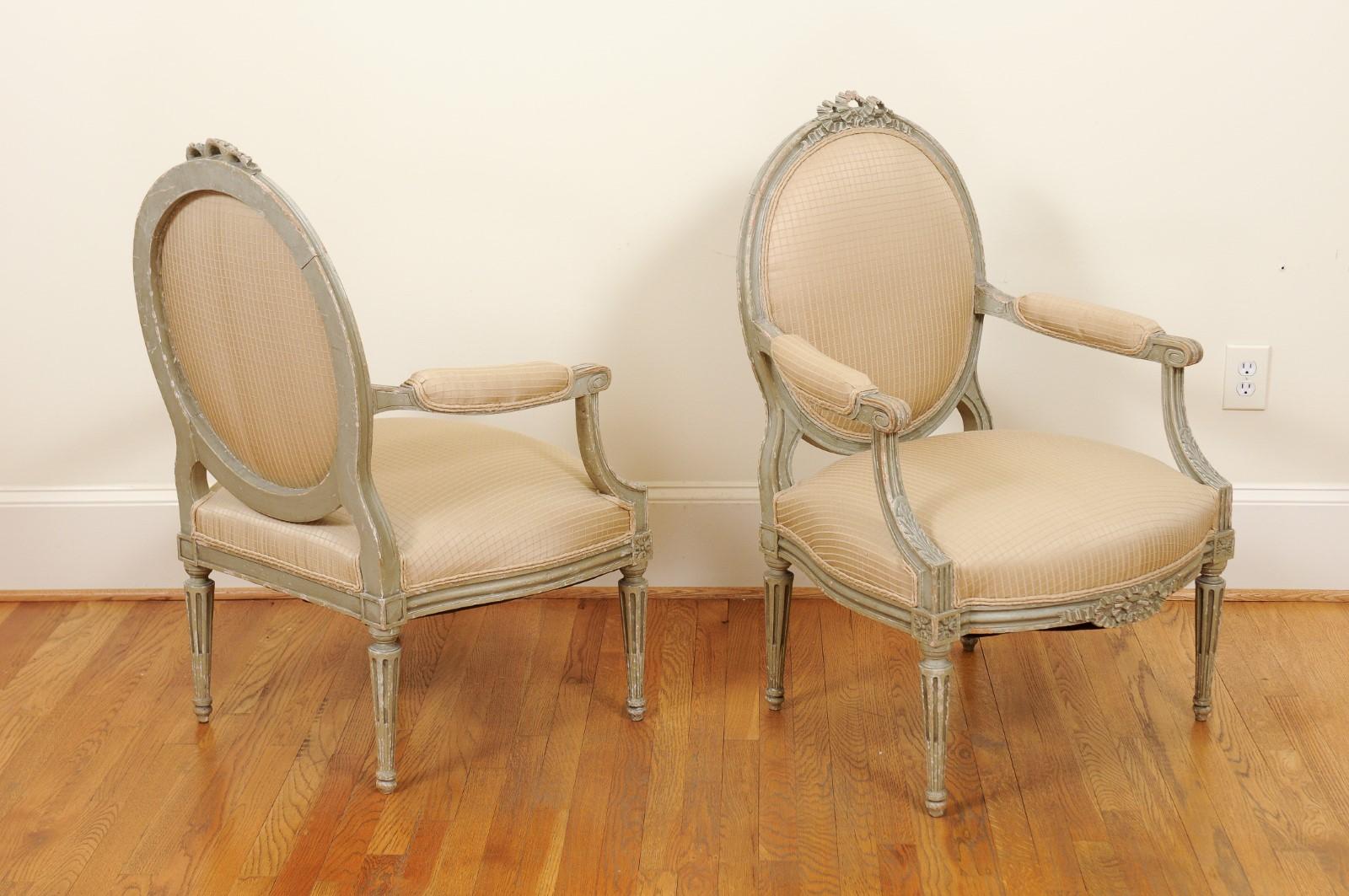 Pair of French Louis XVI Style 1850s Oval Back Armchairs with Carved Ribbons 3