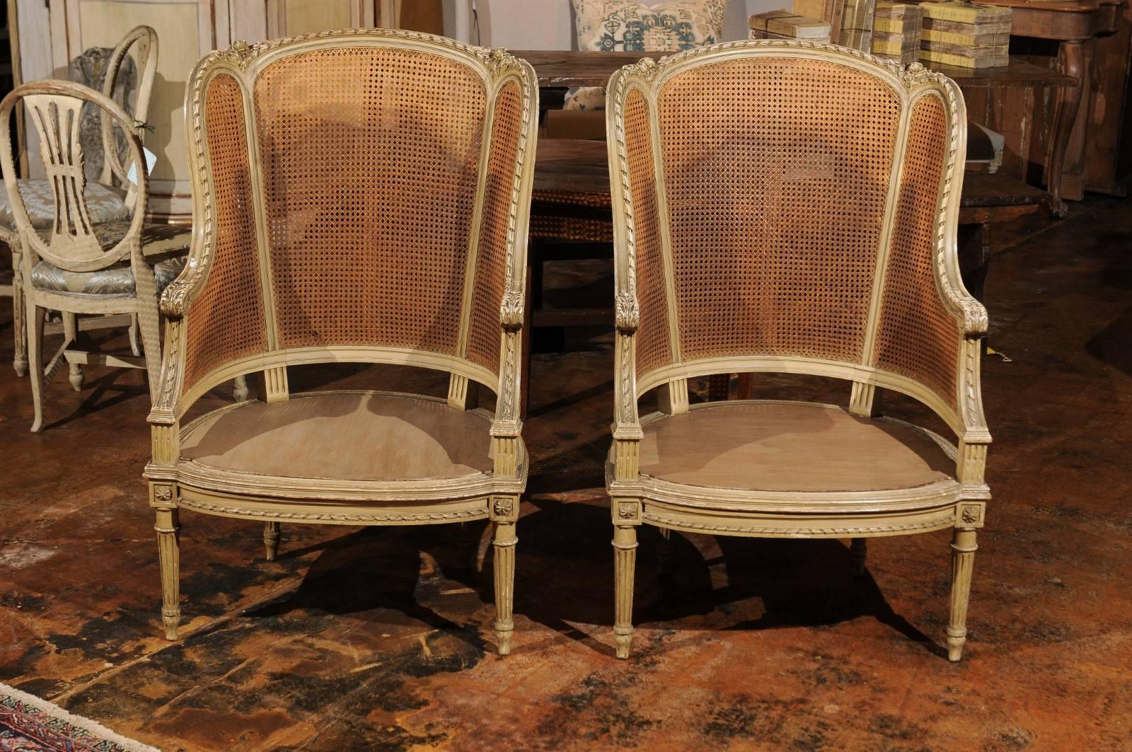 Pair of French Louis XVI Style 1880s Painted Wood and Cane Bergères À Oreilles 6