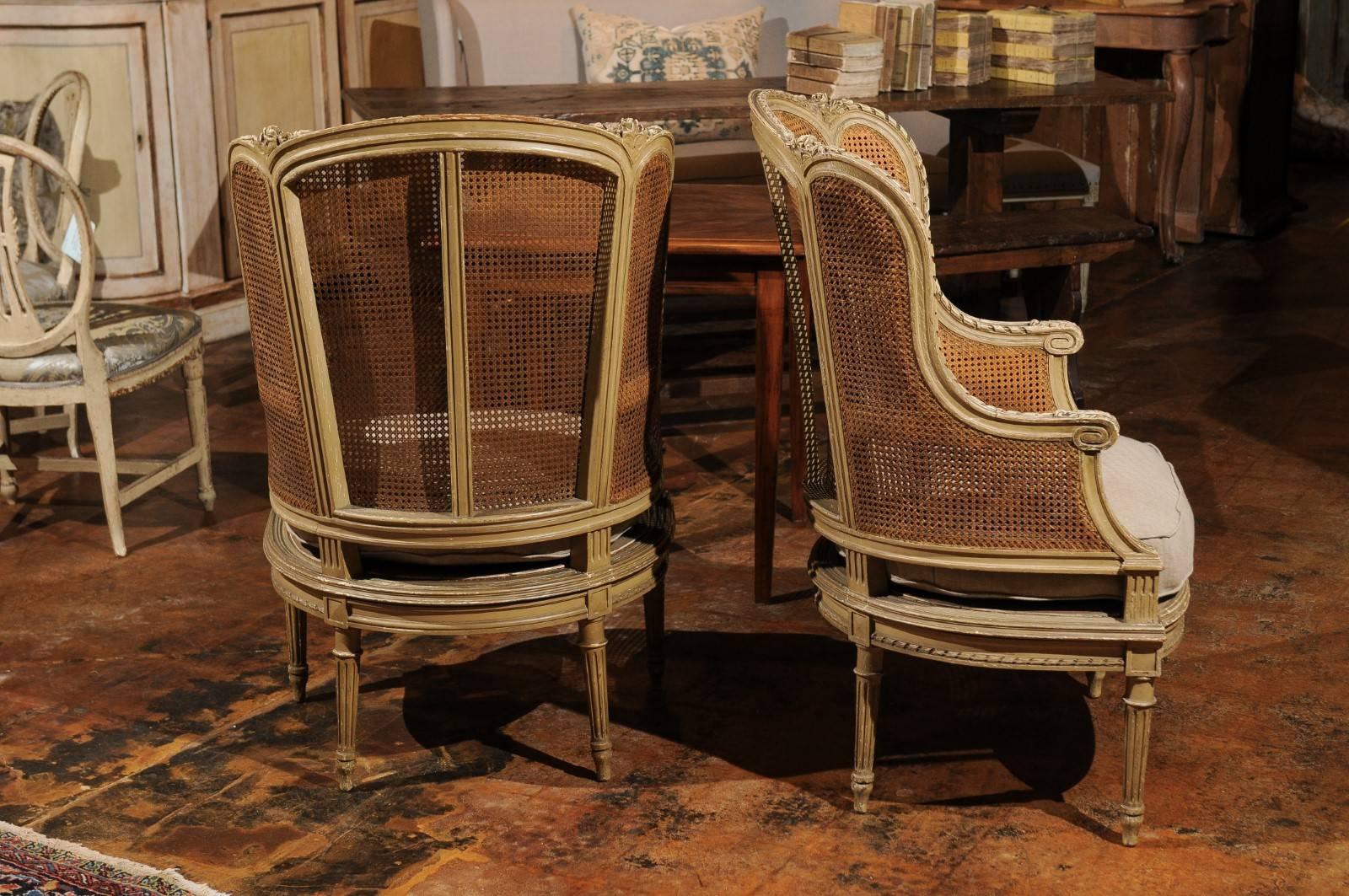 Pair of French Louis XVI Style 1880s Painted Wood and Cane Bergères À Oreilles 1