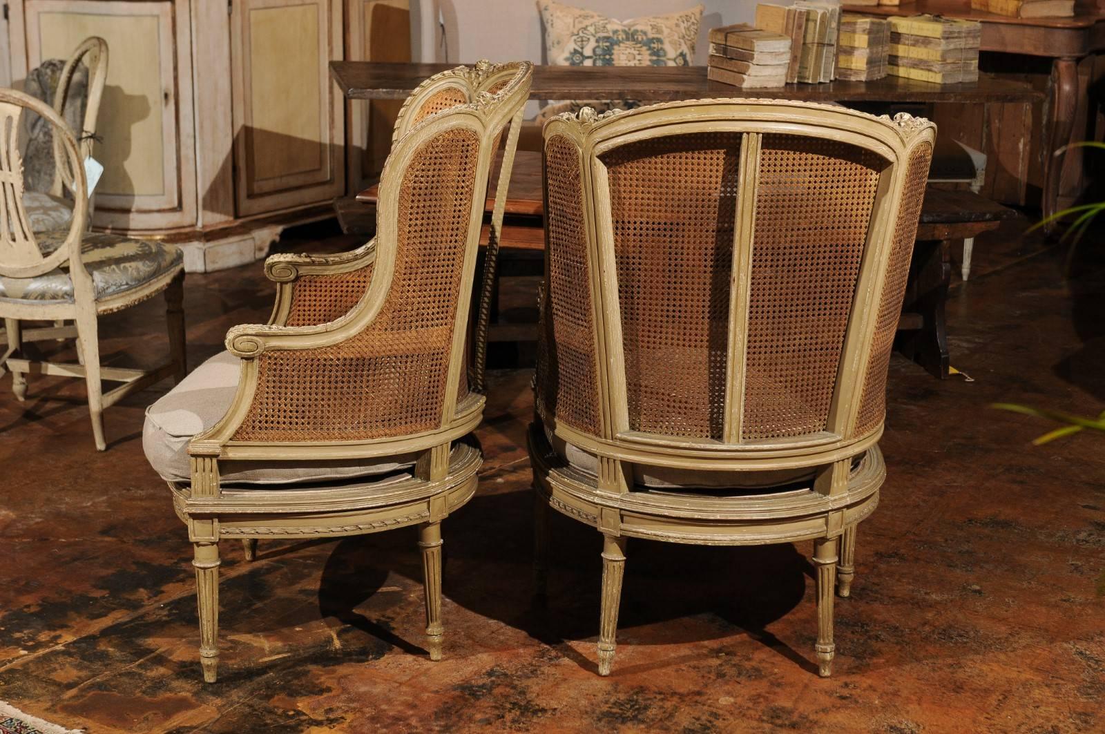 Pair of French Louis XVI Style 1880s Painted Wood and Cane Bergères À Oreilles 2