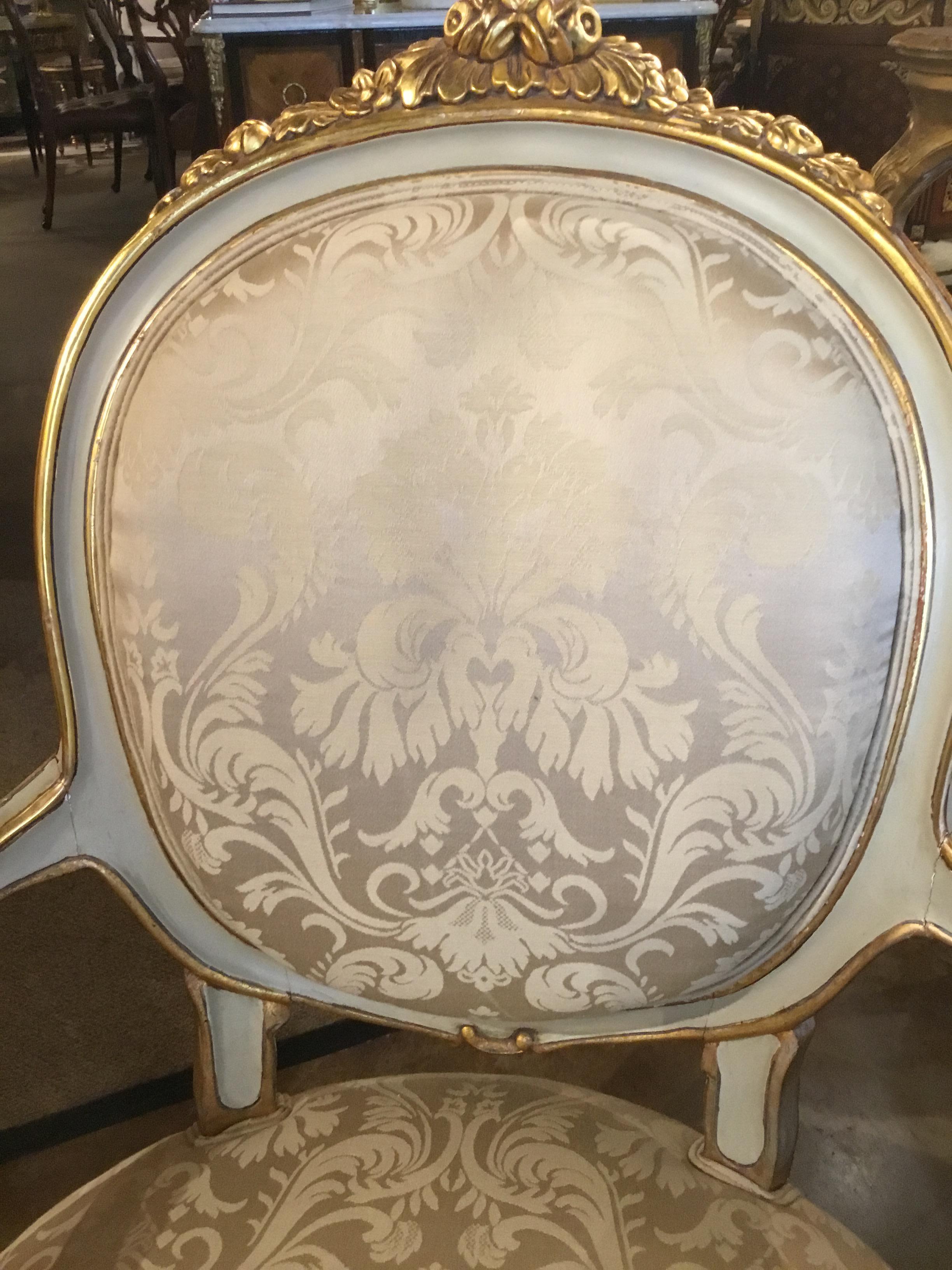 Hand-Painted Pair of French Louis XVI Style Chairs/Fauteuils Parcel Paint/ Giltwood