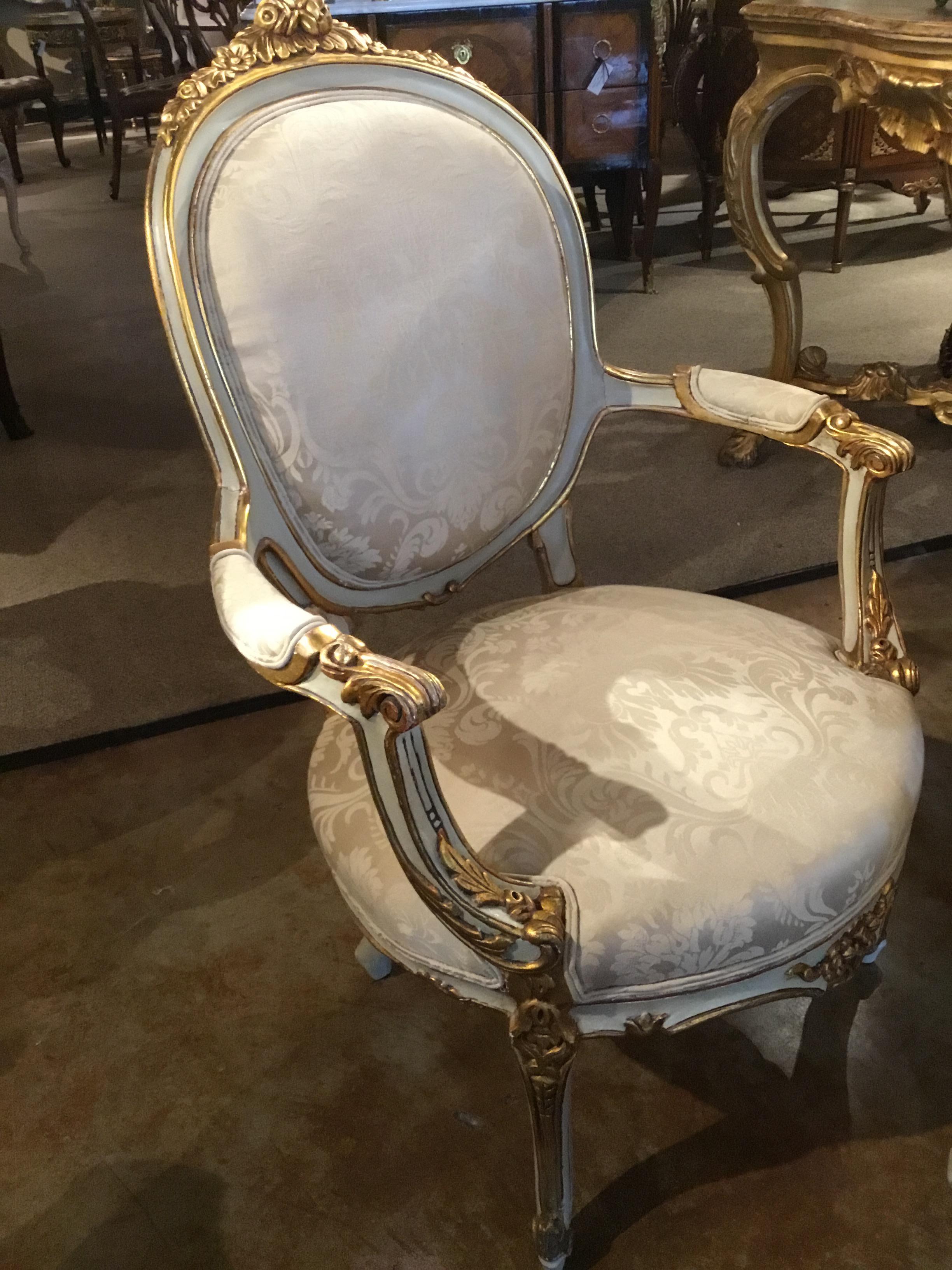 Pair of French Louis XVI Style Chairs/Fauteuils Parcel Paint/ Giltwood In Good Condition In Houston, TX