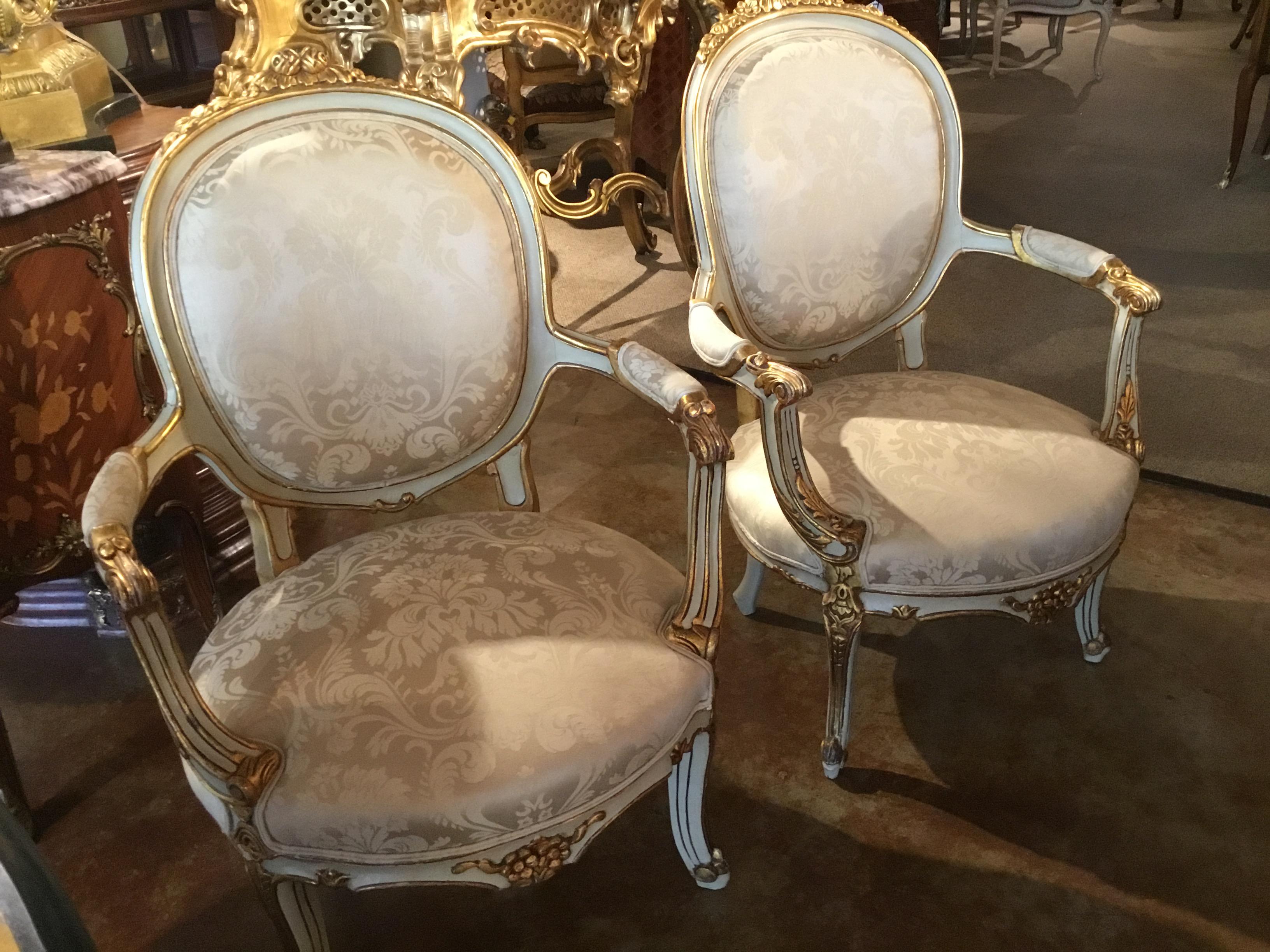 19th Century Pair of French Louis XVI Style Chairs/Fauteuils Parcel Paint/ Giltwood