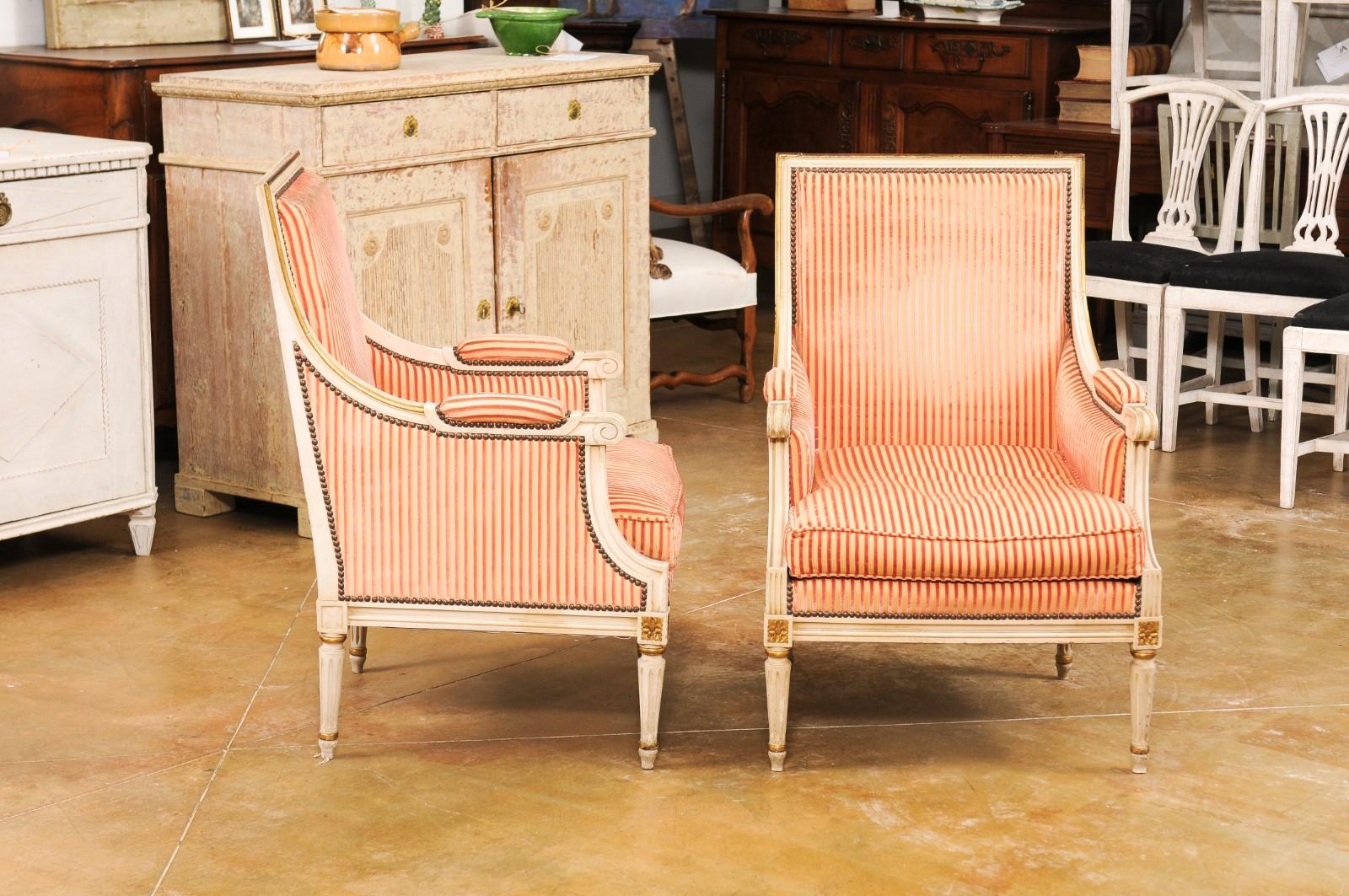 Pair of French Louis XVI Style 1900s Bergères à la Reine Chairs with Upholstery 1