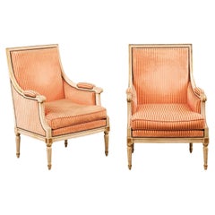 Pair of French Louis XVI Style 1900s Bergères à la Reine Chairs with Upholstery