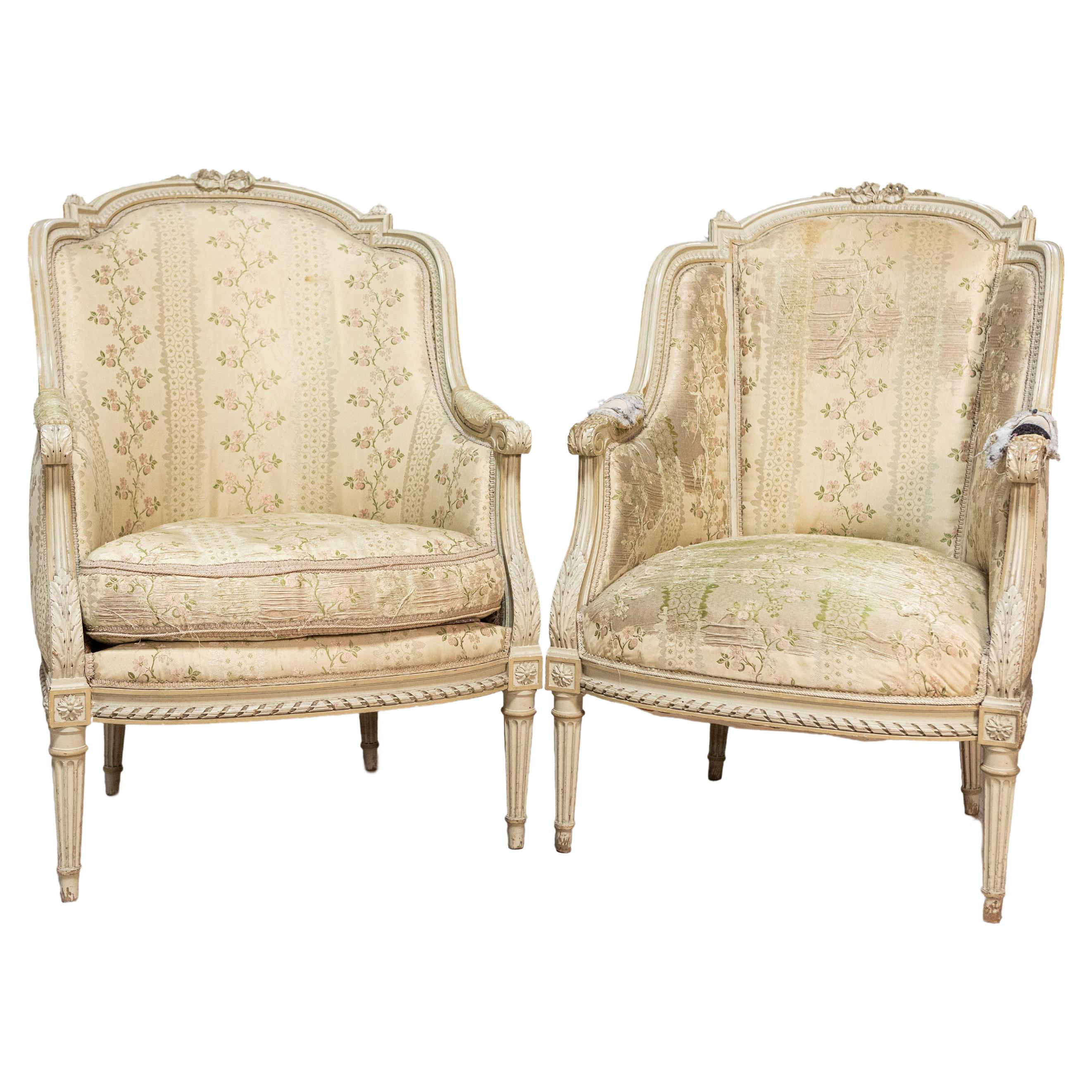 Coppia di Bergères à Oreilles francesi dipinte e intagliate in stile Luigi XVI del 1900