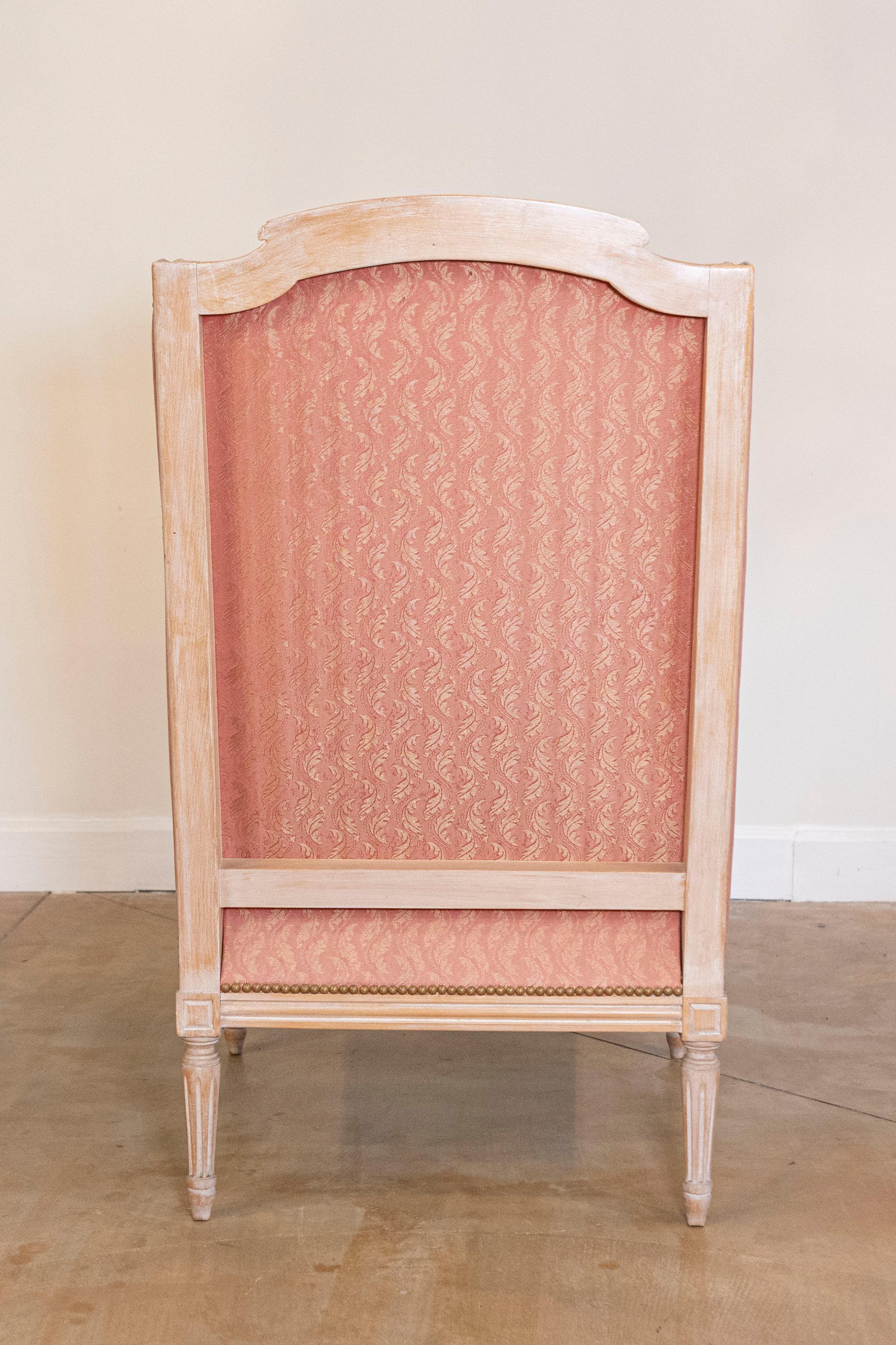 Brass Pair of French Louis XVI Style 1900s Painted Bergères Chairs with Upholstery For Sale