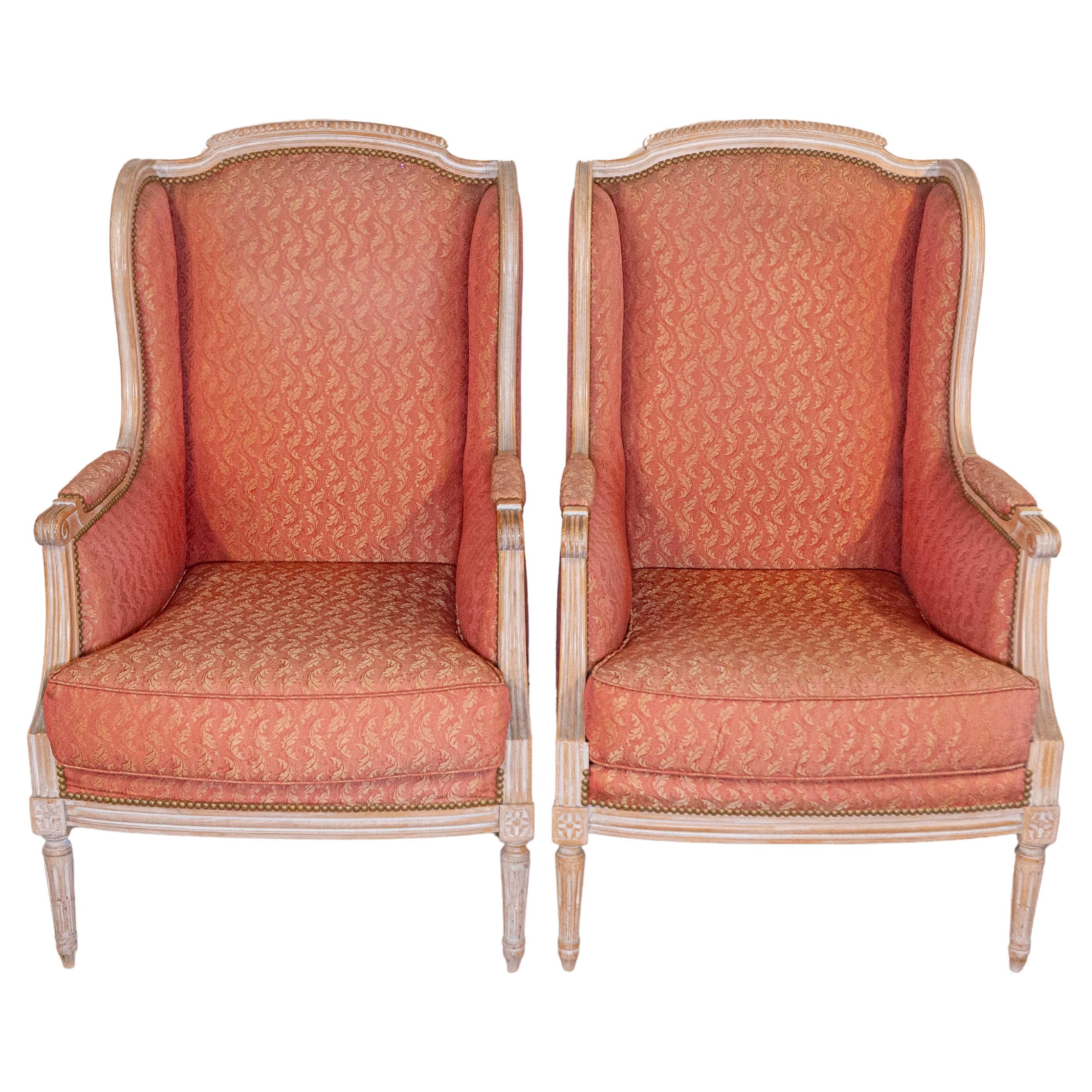 Pair of French Louis XVI Style 1900s Painted Bergères Chairs with Upholstery