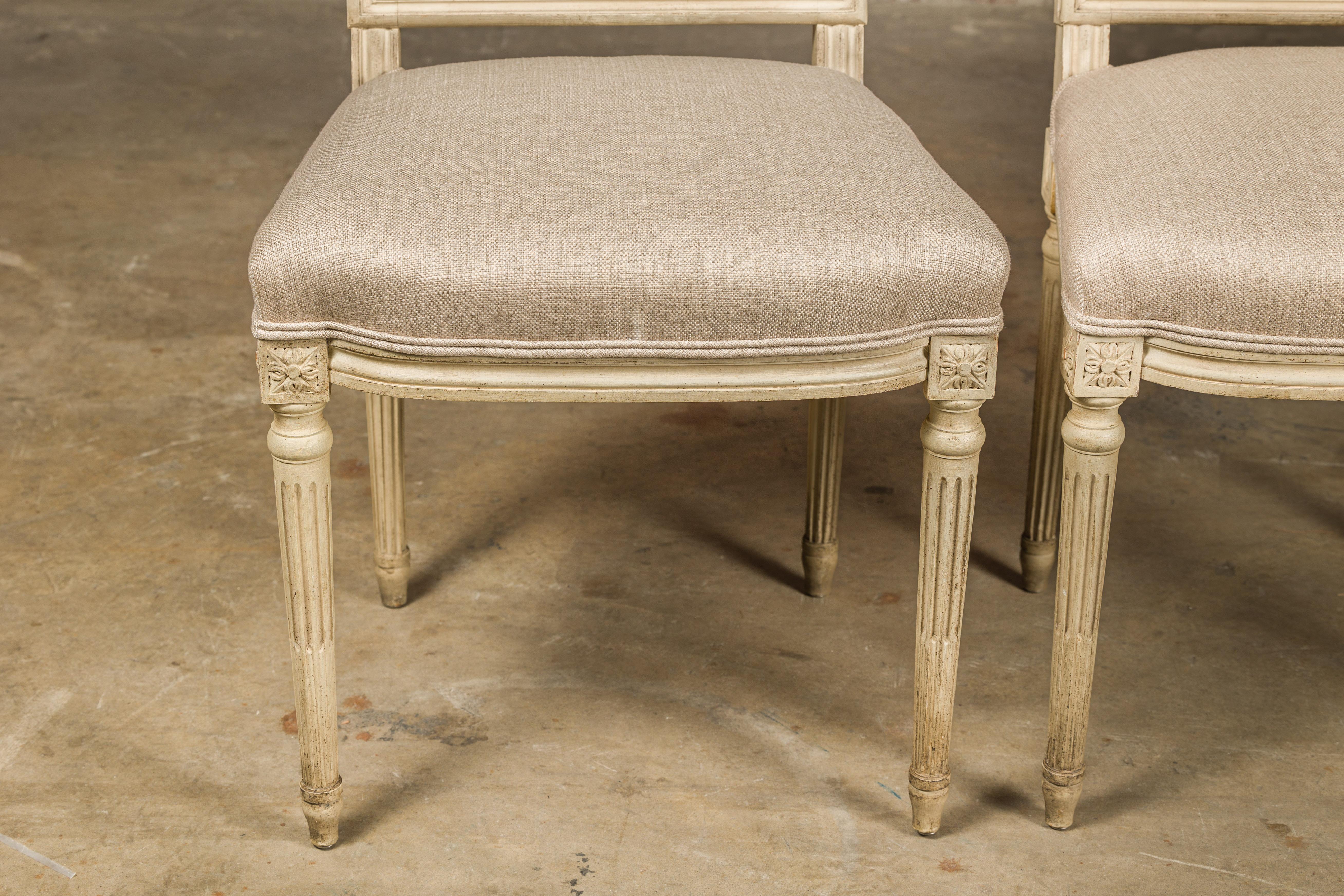 Pair of French Louis XVI Style 1920s Painted Side Chairs with Fluted Legs  For Sale 4