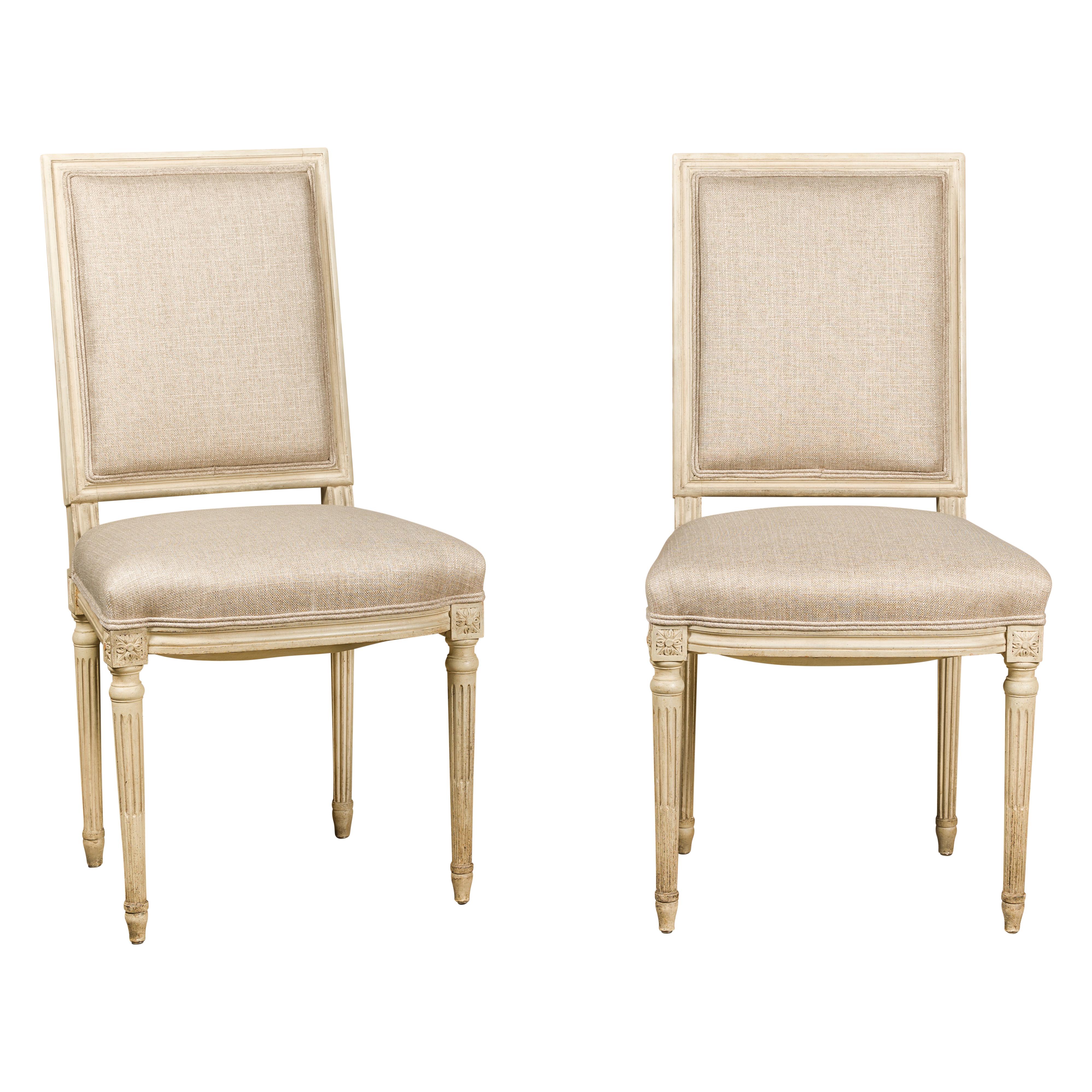 Pair of French Louis XVI Style 1920s Painted Side Chairs with Fluted Legs  For Sale 9