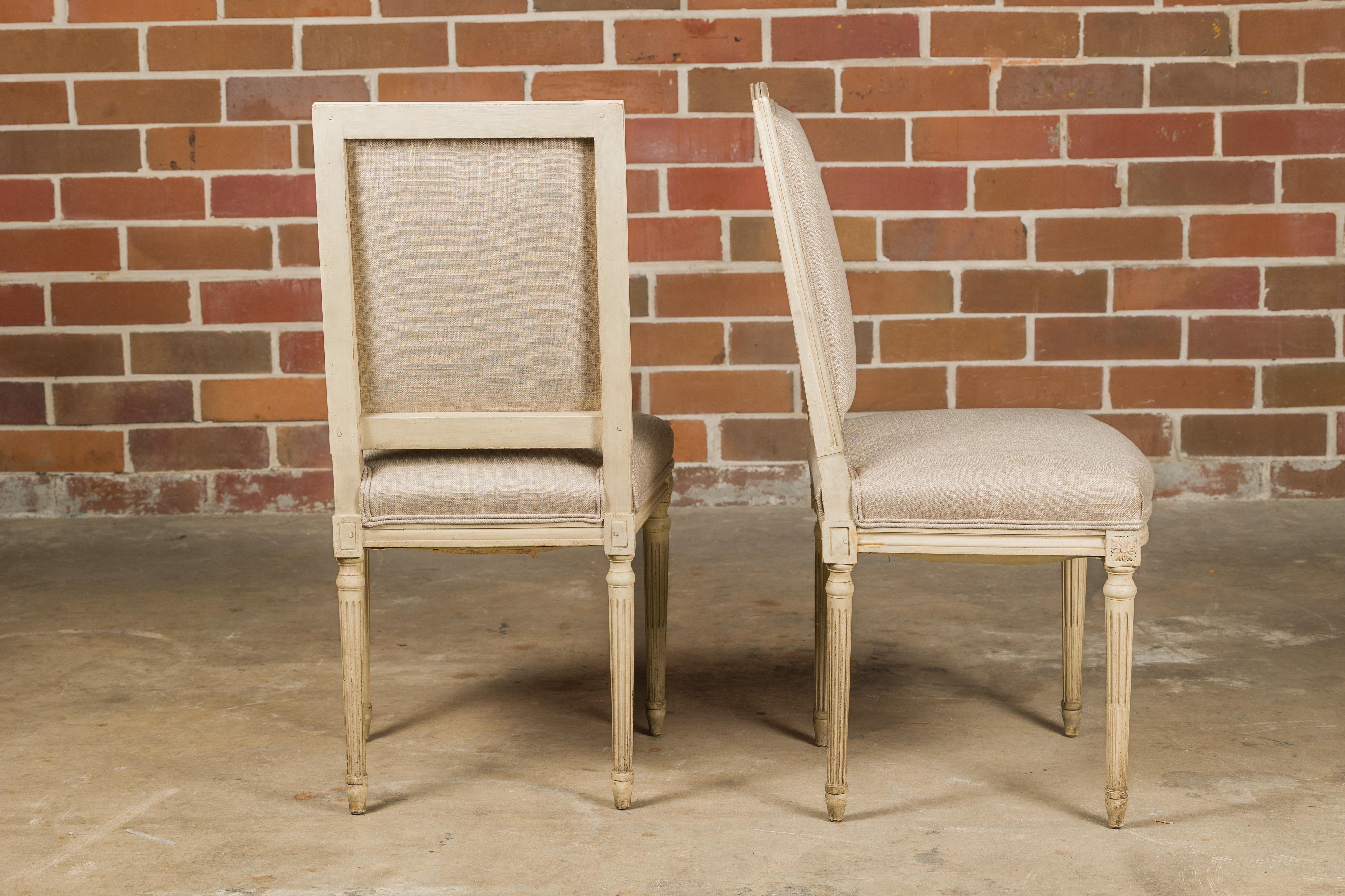 Pair of French Louis XVI Style 1920s Painted Side Chairs with Fluted Legs  In Good Condition For Sale In Atlanta, GA