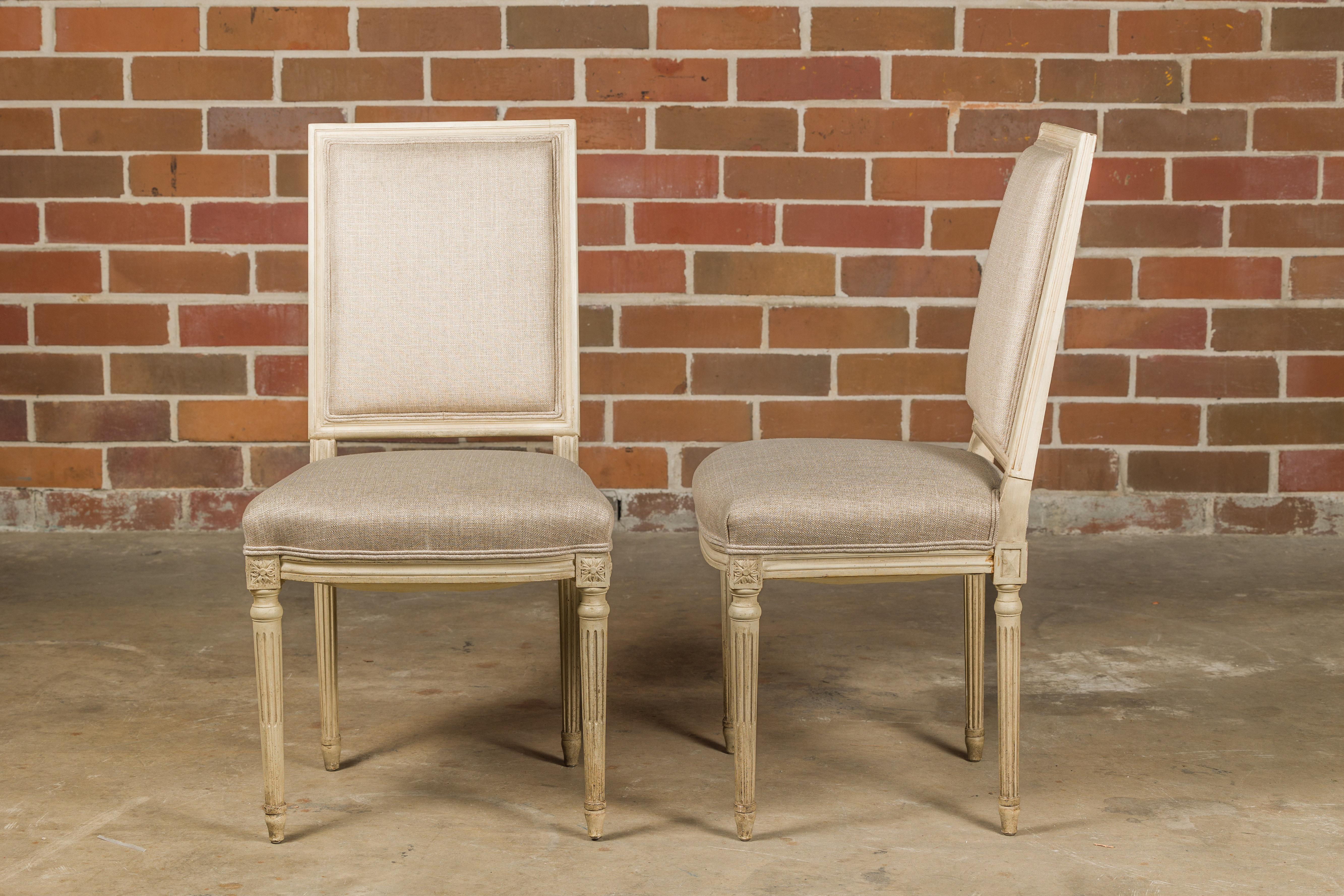 Upholstery Pair of French Louis XVI Style 1920s Painted Side Chairs with Fluted Legs  For Sale