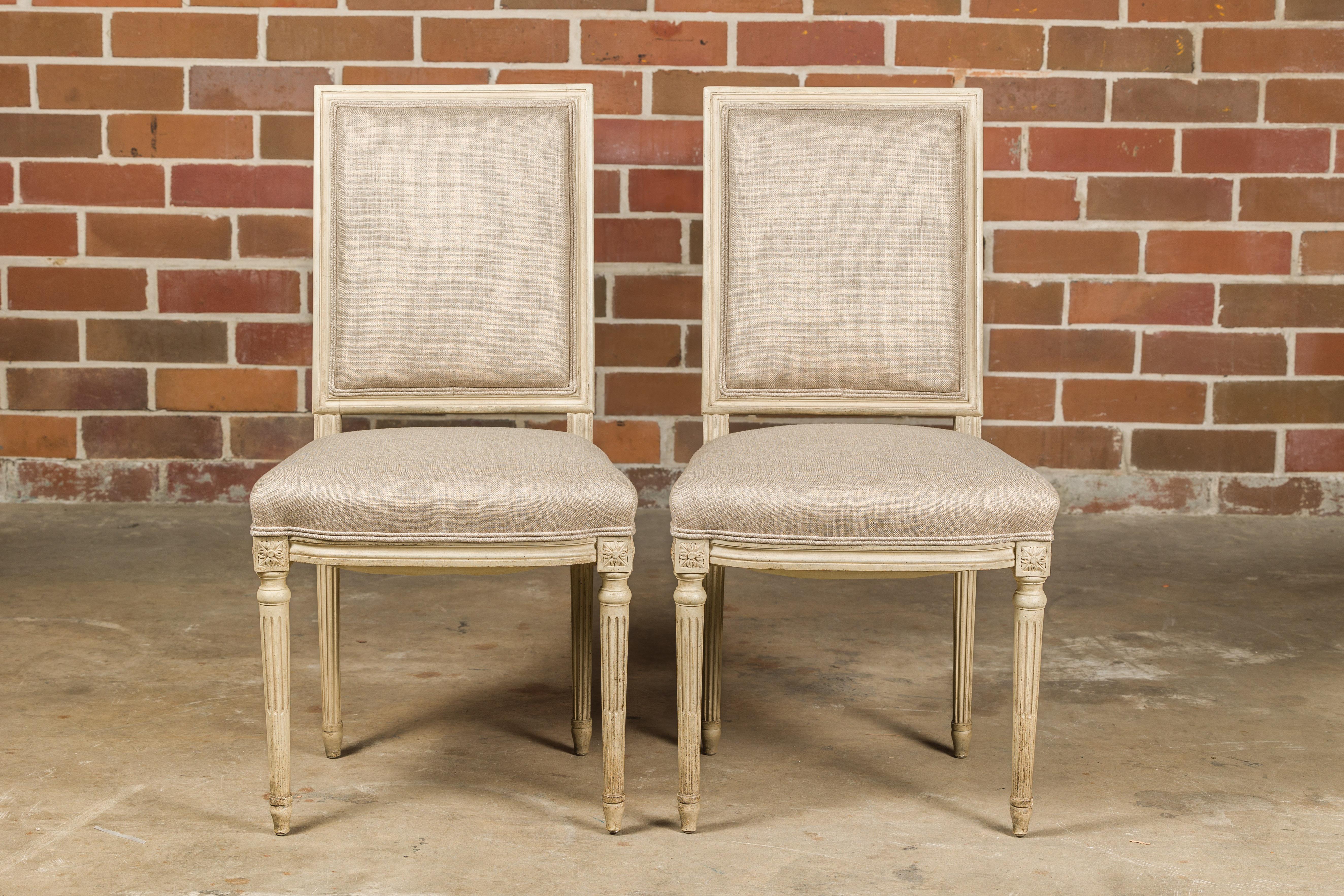 Pair of French Louis XVI Style 1920s Painted Side Chairs with Fluted Legs  For Sale 1