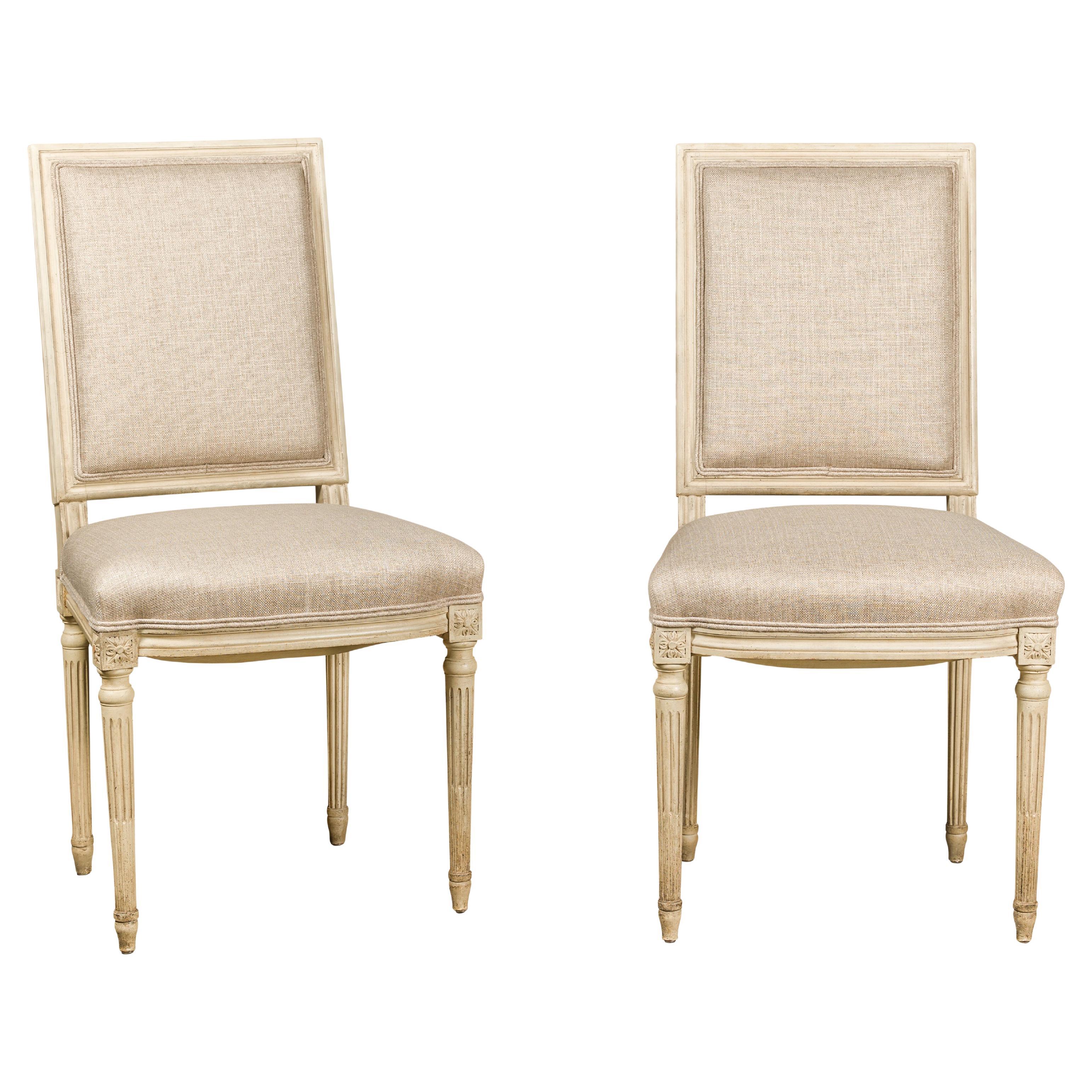 Pair of French Louis XVI Style 1920s Painted Side Chairs with Fluted Legs 