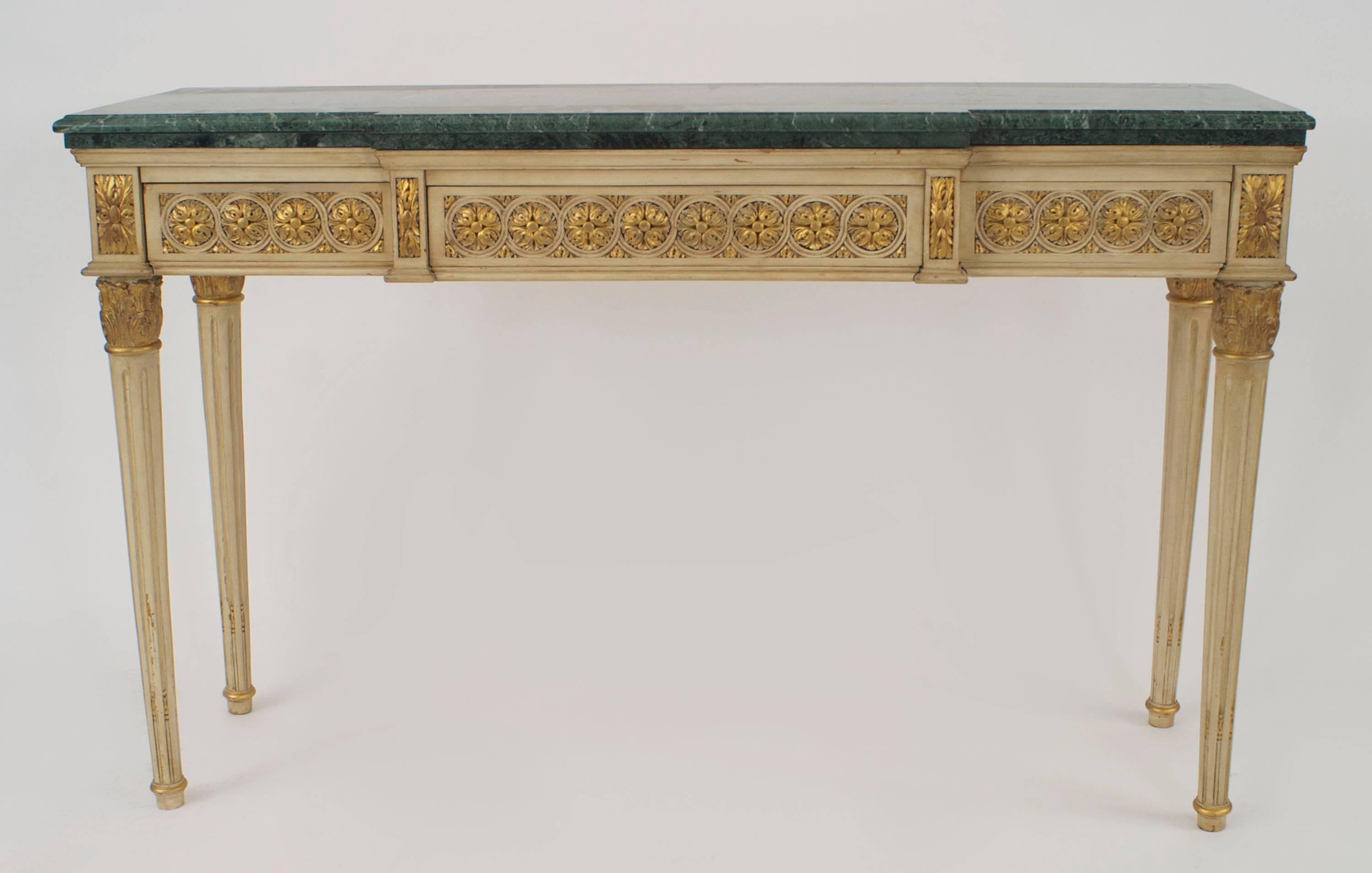 Pair of French Louis XVI Style, 1940s Off-White Painted and Gilt Carved Console In Good Condition In New York, NY
