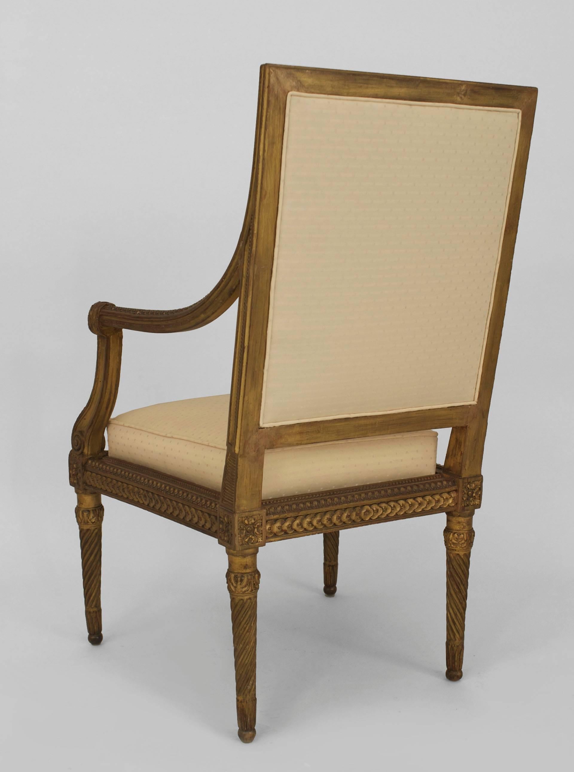 Fabric Pair of French Louis XVI Style ‘19th Century’ Gilt Open Armchairs