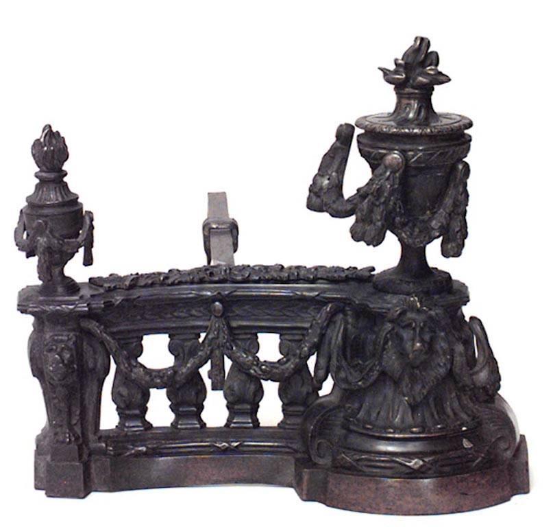 Pair of French Louis XVI-style (19th Century) bronze double urn andirons with festoon design railing and flame finial (PRICED AS Pair)
