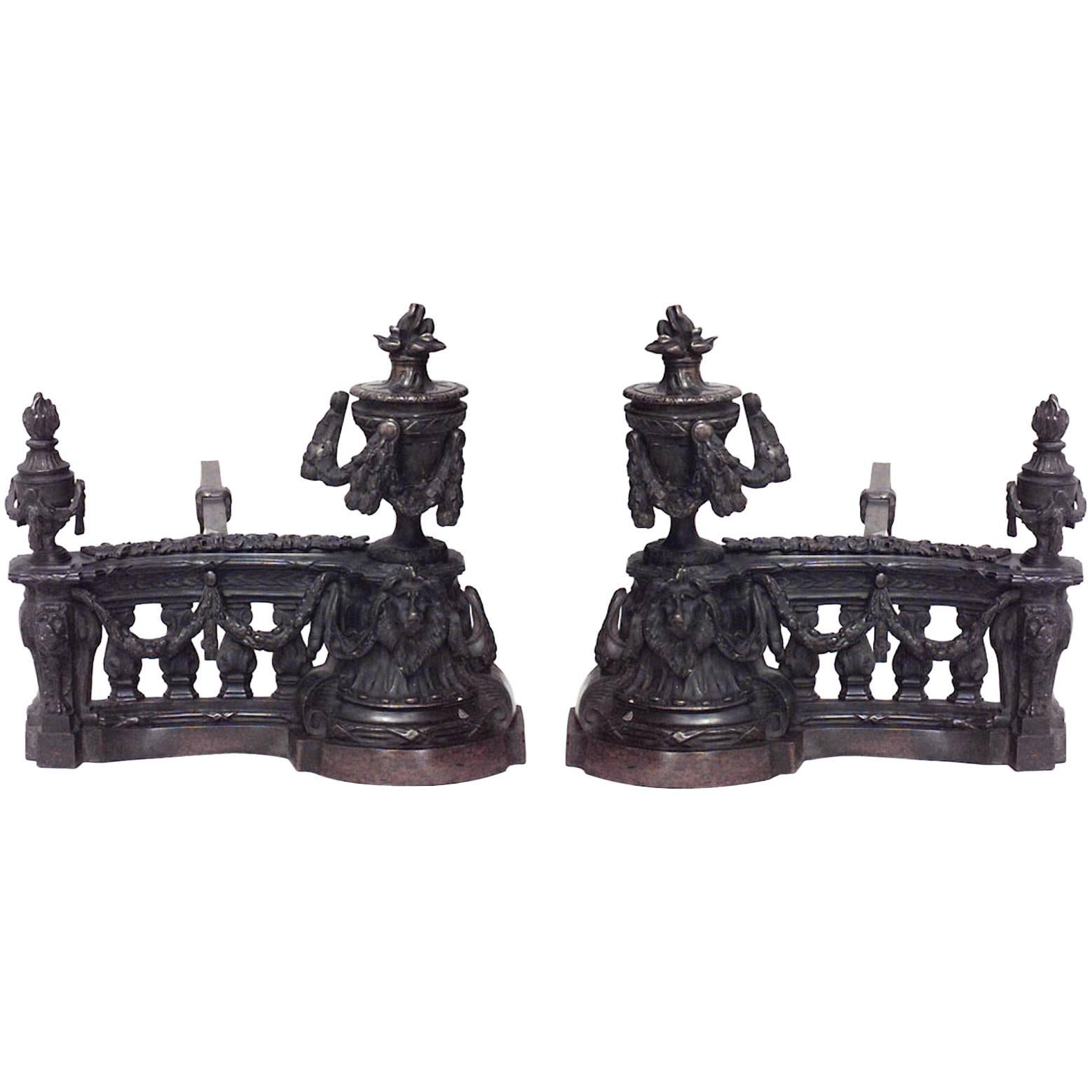 Pair of Louis XVI Bronze Urn Festoon Andirons For Sale