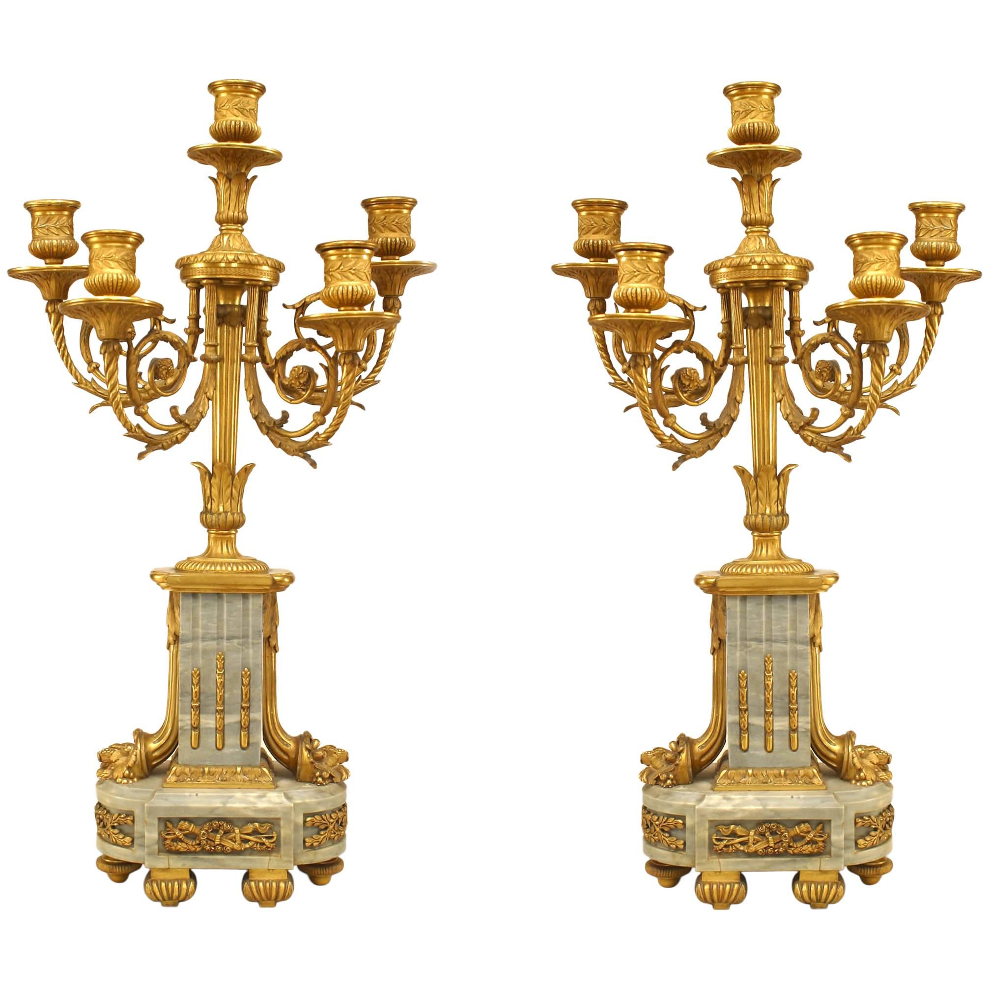 Pair of French Louis XVI Style Gilt Bronze and Marble Candelabras For Sale
