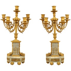 Antique Pair of French Louis XVI Style Gilt Bronze and Marble Candelabras