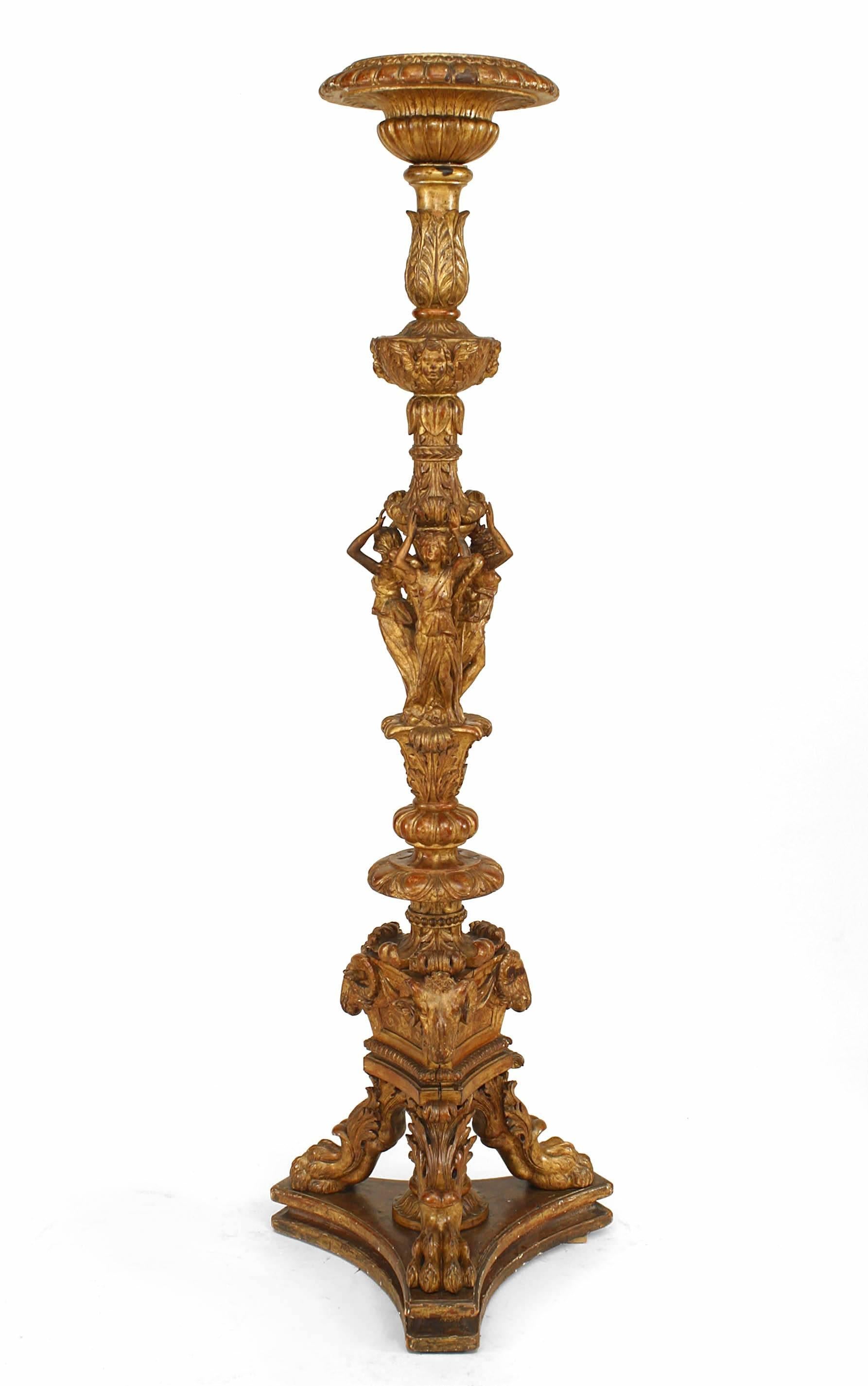 Pair of French Louis XVI style, 19th century gilt pedestals with three women with small heads on platform base.
  