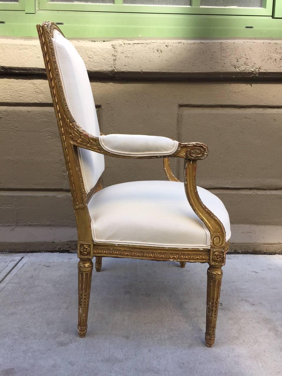 Francese Coppia di sedie francesi in stile Luigi XVI del XIX secolo in legno dorato e intagliato in vendita