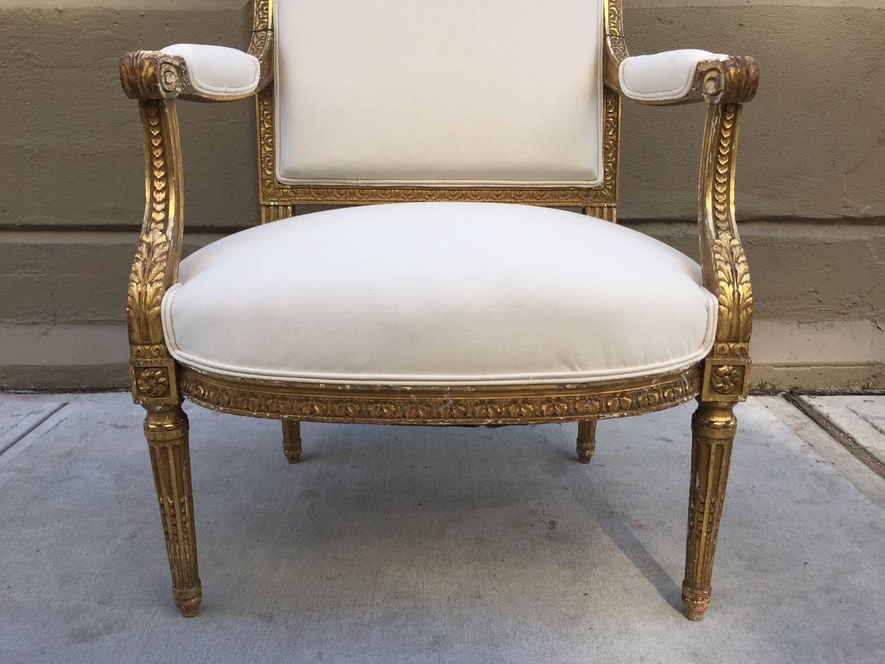Dorato Coppia di sedie francesi in stile Luigi XVI del XIX secolo in legno dorato e intagliato in vendita