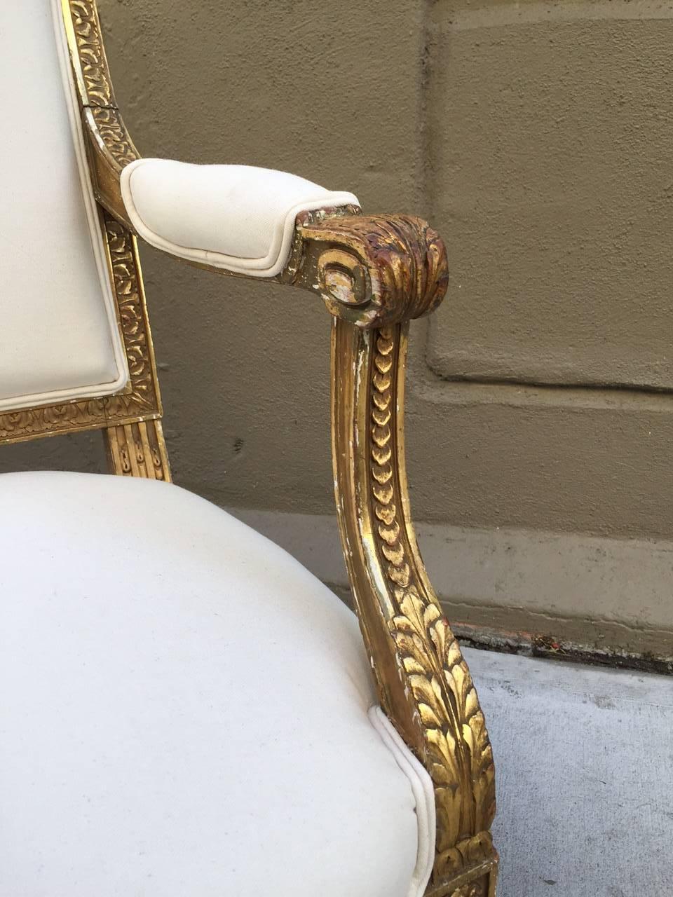 Lino Coppia di sedie francesi in stile Luigi XVI del XIX secolo in legno dorato e intagliato in vendita