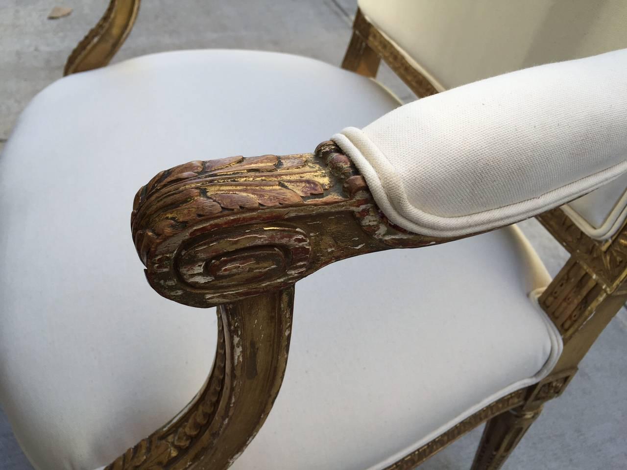 Coppia di sedie francesi in stile Luigi XVI del XIX secolo in legno dorato e intagliato in vendita 2