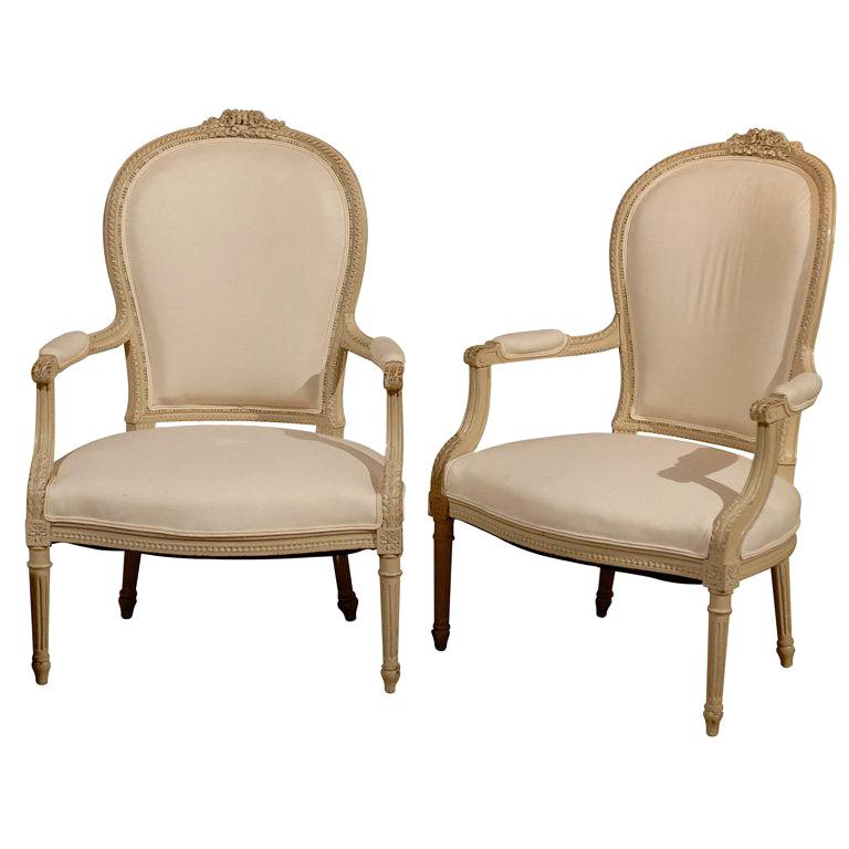 Pair of French Louis XVI Style 19th Century Painted Armchairs with Carved Decor