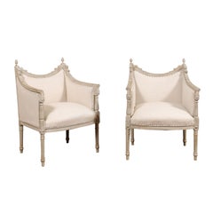 Pair of French Louis XVI Style 19th Century Painted Bergères with Square Backs