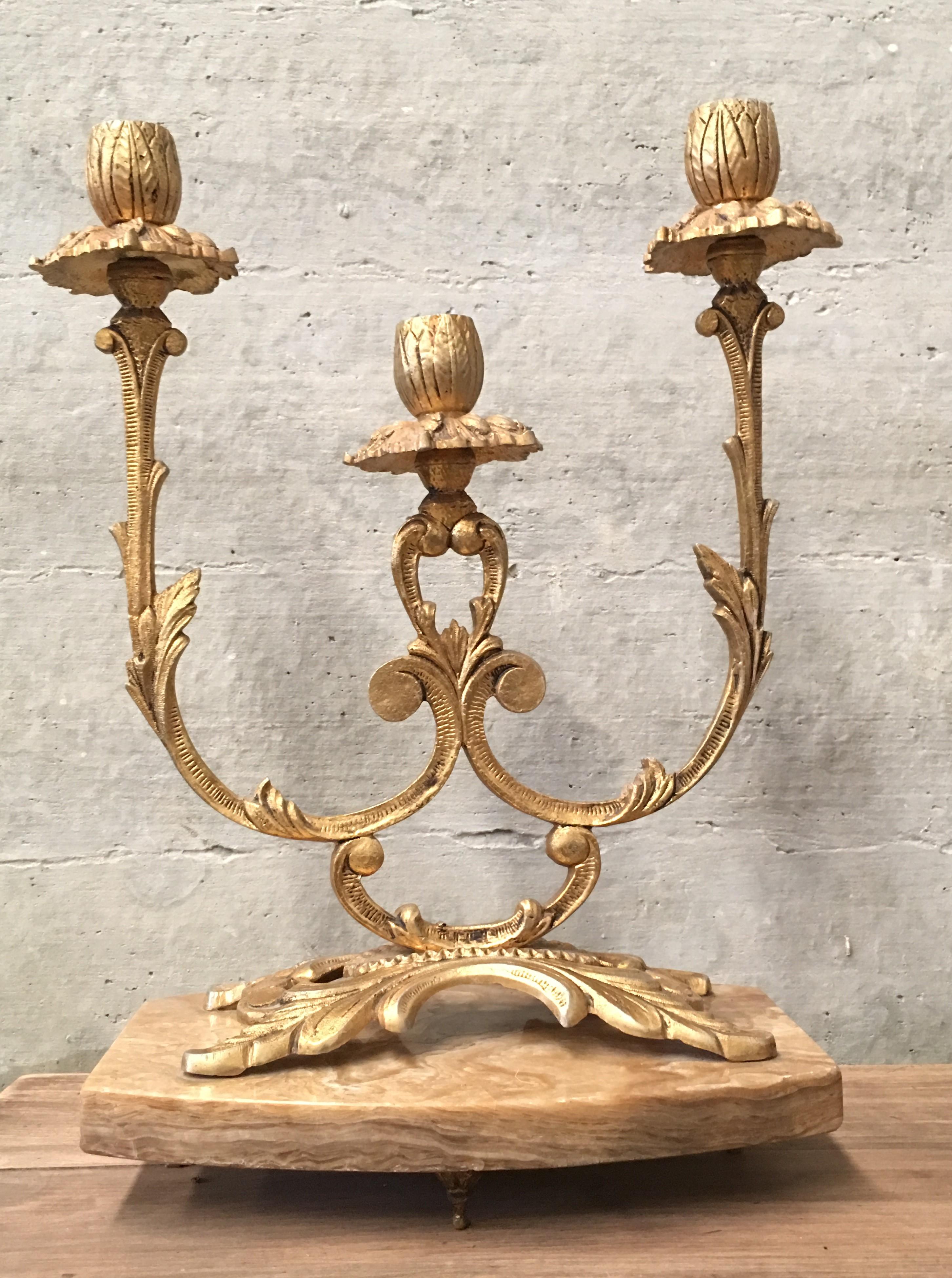 Bronze Pair of French Louis XVI Style '19th Century' Three Scroll Arm Candelabras For Sale
