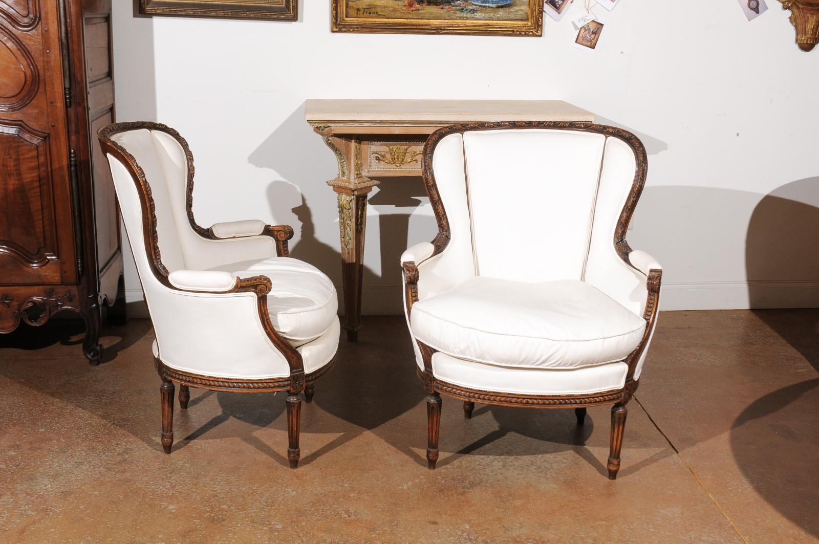 Upholstery Pair of French Louis XVI Style 19th Century Upholstered Wingback Bergère Chairs