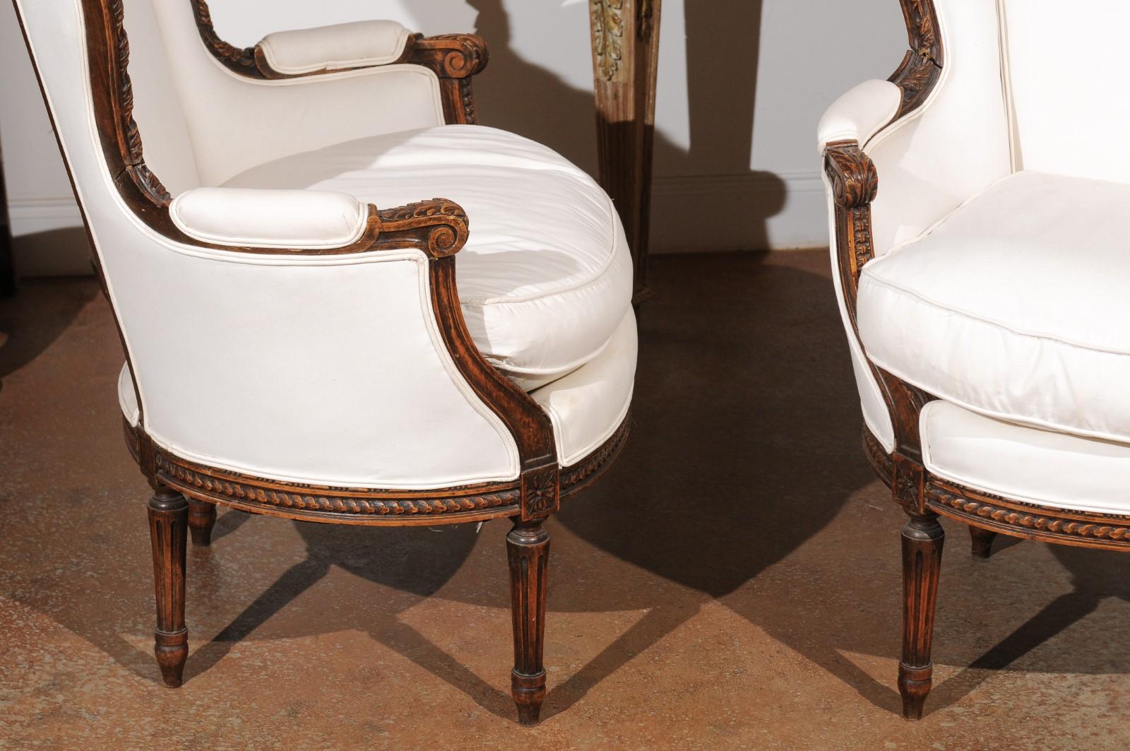 Pair of French Louis XVI Style 19th Century Upholstered Wingback Bergère Chairs 1