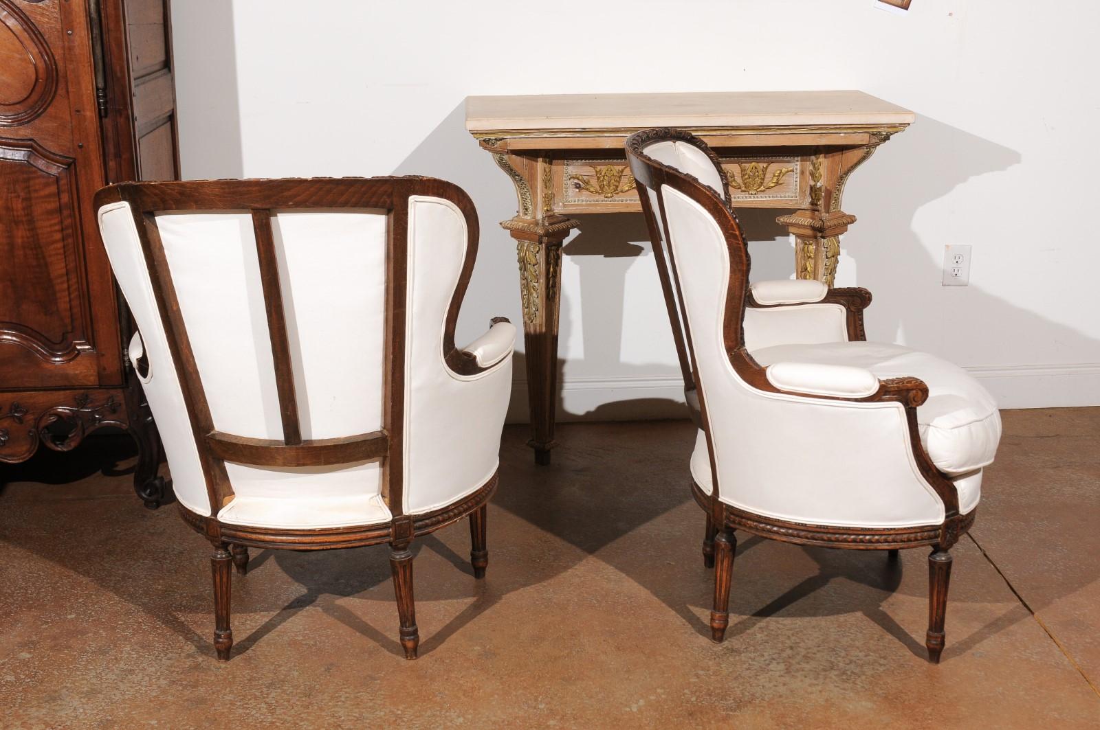 Pair of French Louis XVI Style 19th Century Upholstered Wingback Bergère Chairs 2