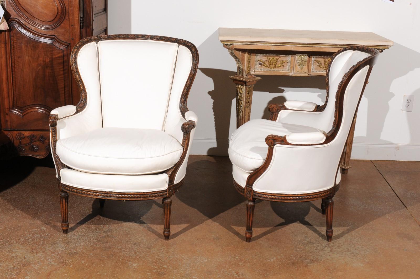 Pair of French Louis XVI Style 19th Century Upholstered Wingback Bergère Chairs 4