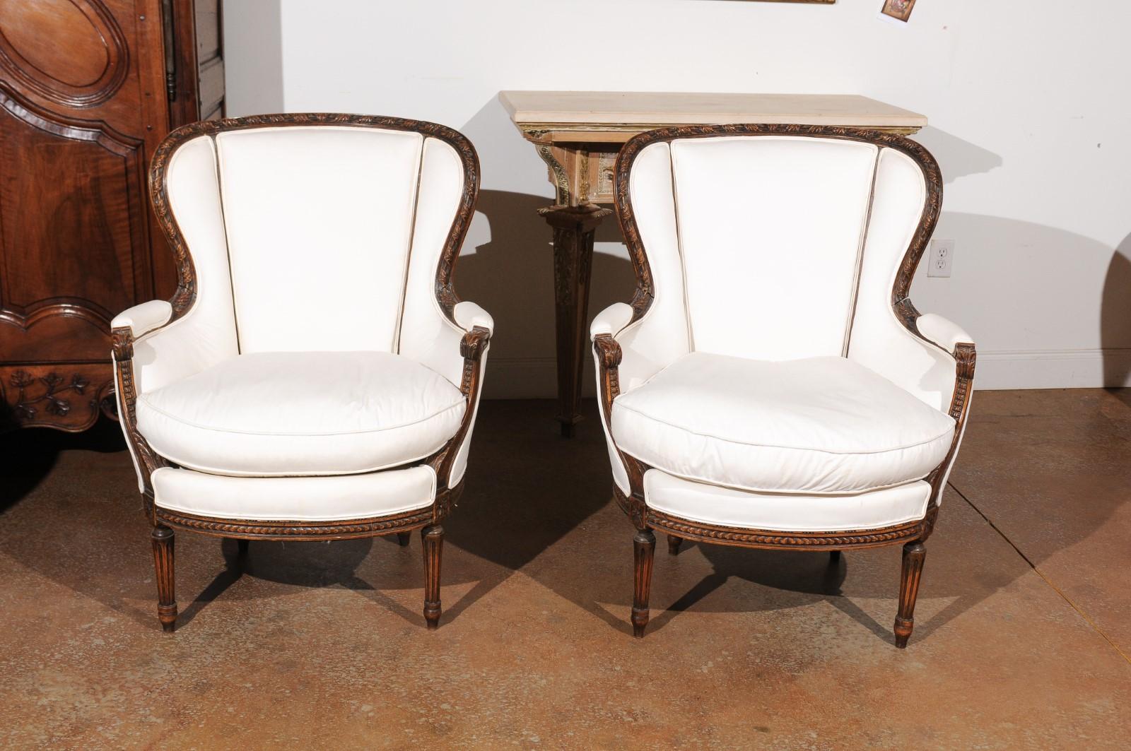 Pair of French Louis XVI Style 19th Century Upholstered Wingback Bergère Chairs 5