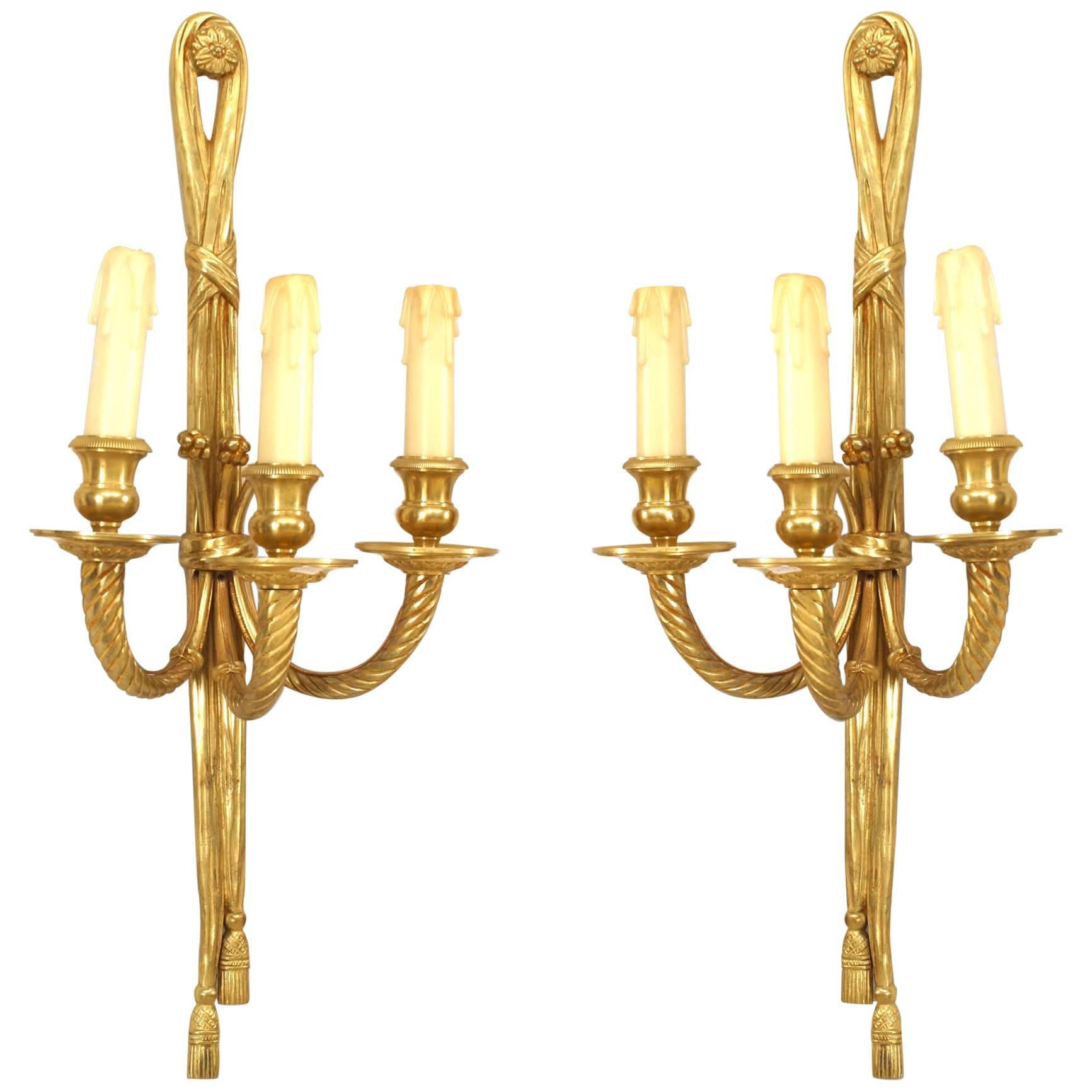 Pair of French Louis XVI Style ‘20th Century’ Three-Light Sconces