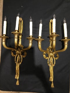 Pair of French Louis XVI-Style 3-Light Bronze Wall Sconces, Large Scale
