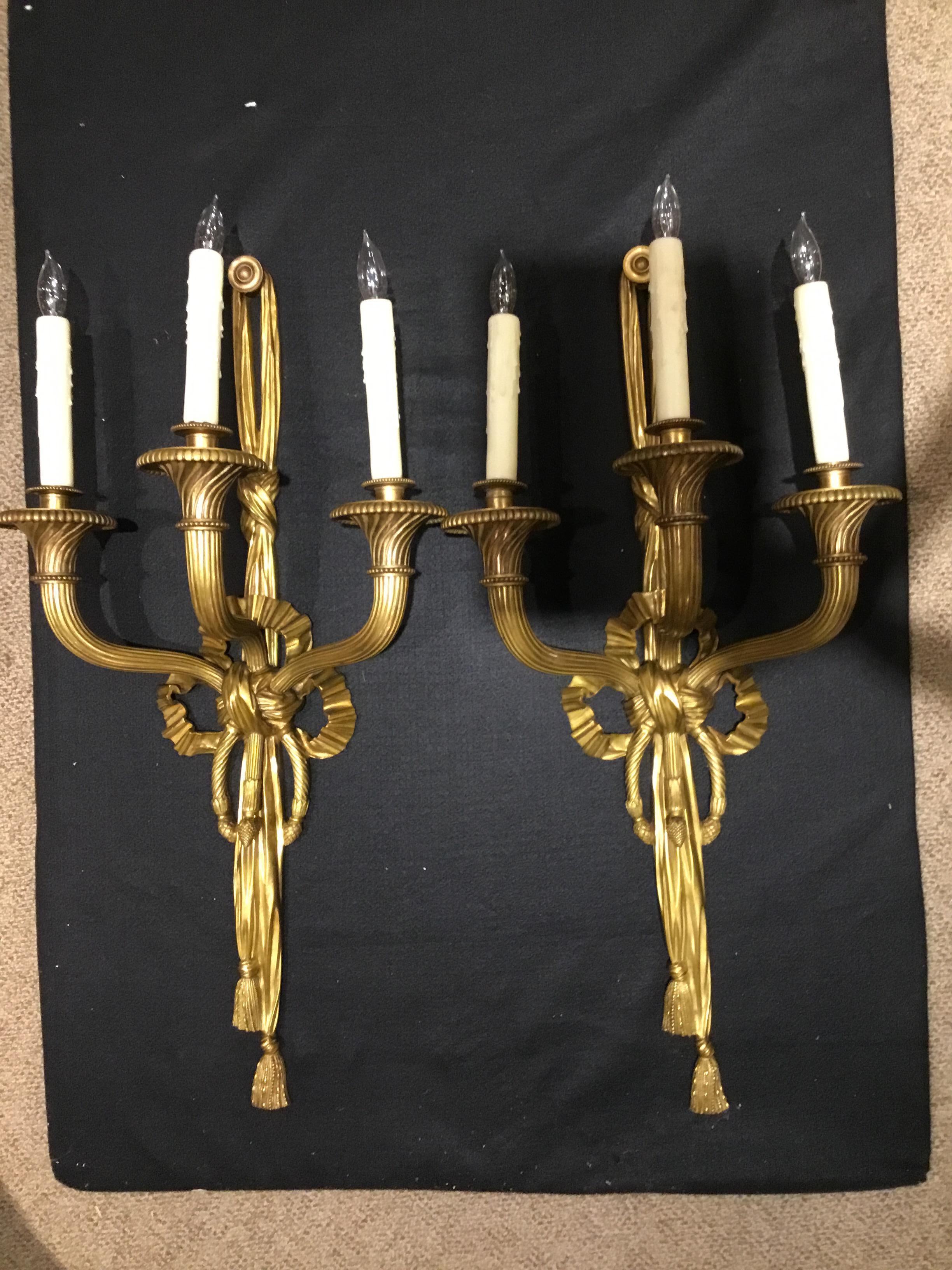 Pair of French Louis XVI-Style 3-Light Bronze Wall Sconces, Large Scale For Sale 1