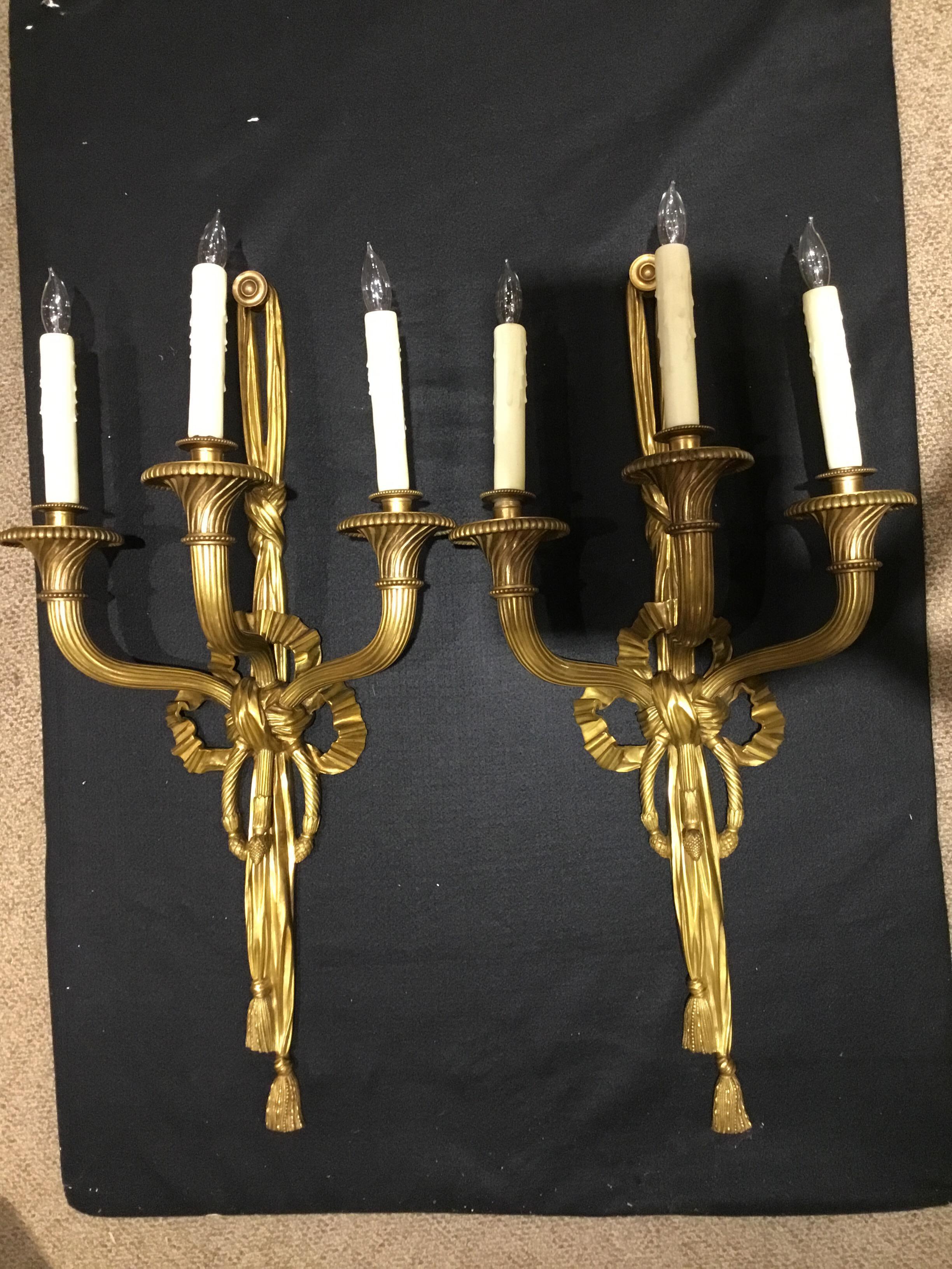 Pair of French Louis XVI-Style 3-Light Bronze Wall Sconces, Large Scale For Sale 2