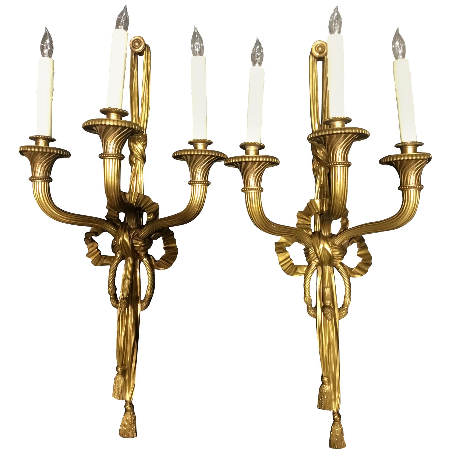 Pair of French Louis XVI-Style 3-Light Bronze Wall Sconces, Large Scale For Sale